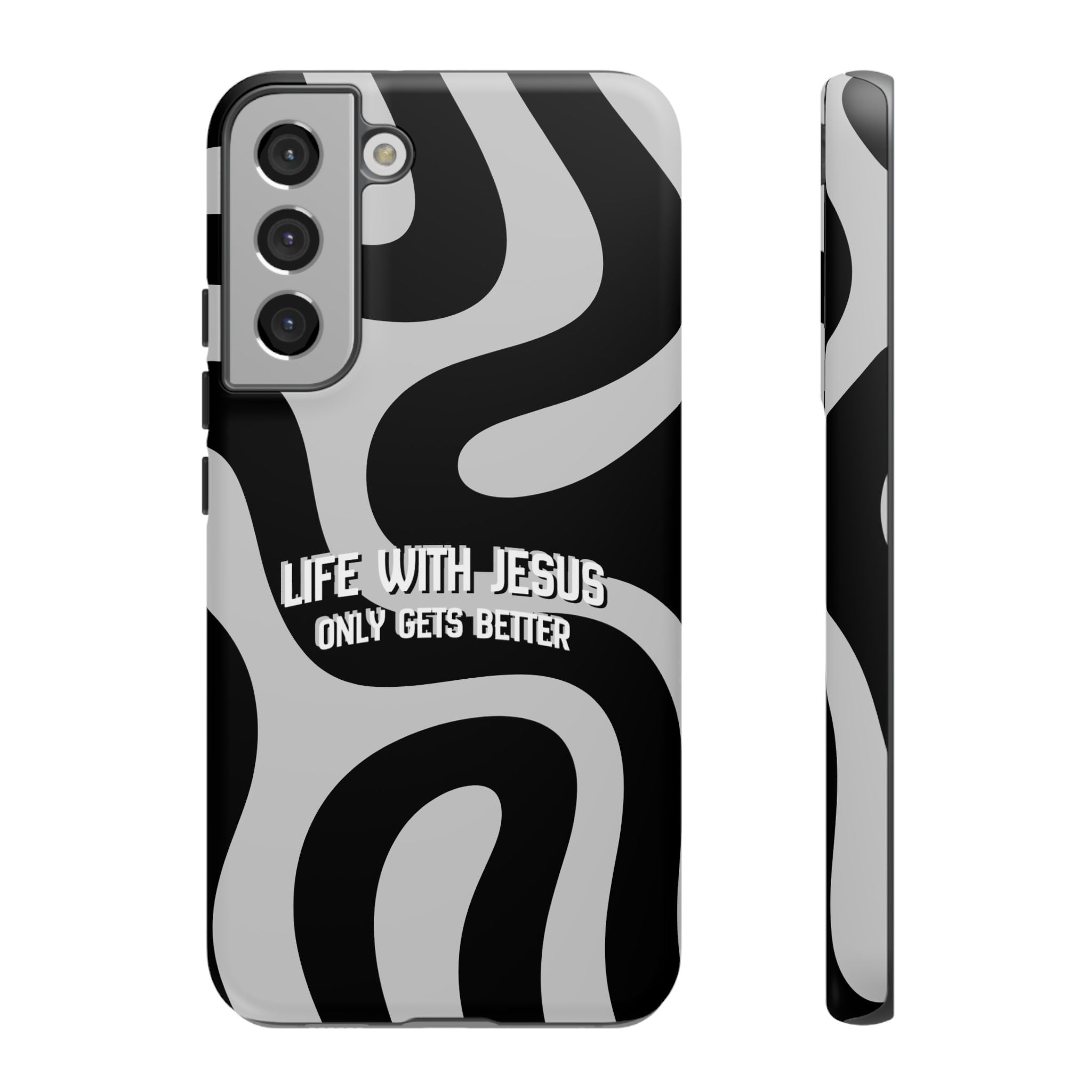 Christian iPhone Tough Case — "Life With Jesus Only Gets Better" Black & White Swirl Design