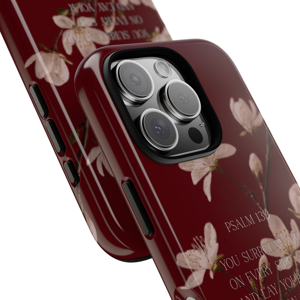Floral Psalm Tough Phone Case — Burgundy Magnolia Branch with Psalm 139 Verse