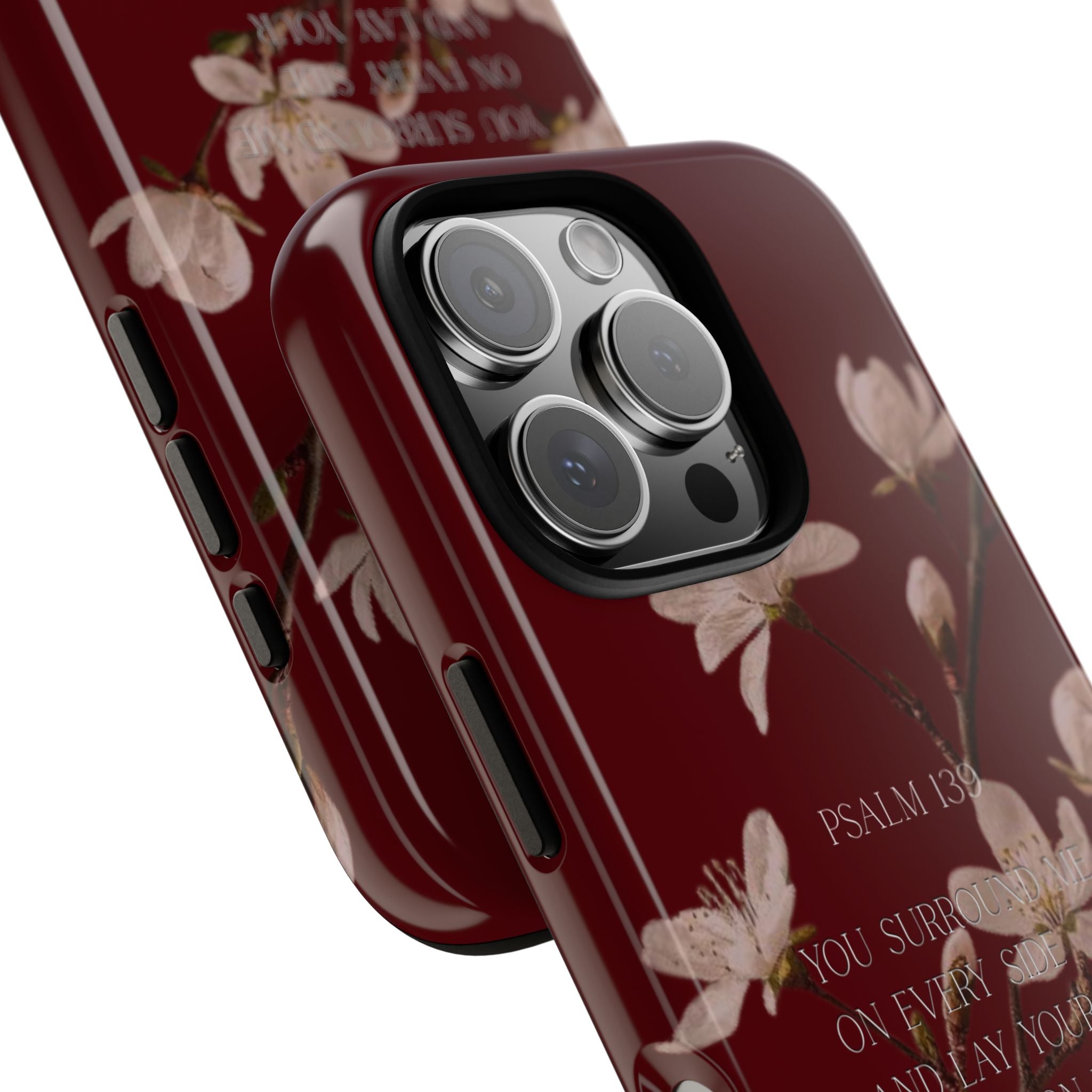 Floral Psalm Tough Phone Case — Burgundy Magnolia Branch with Psalm 139 Verse
