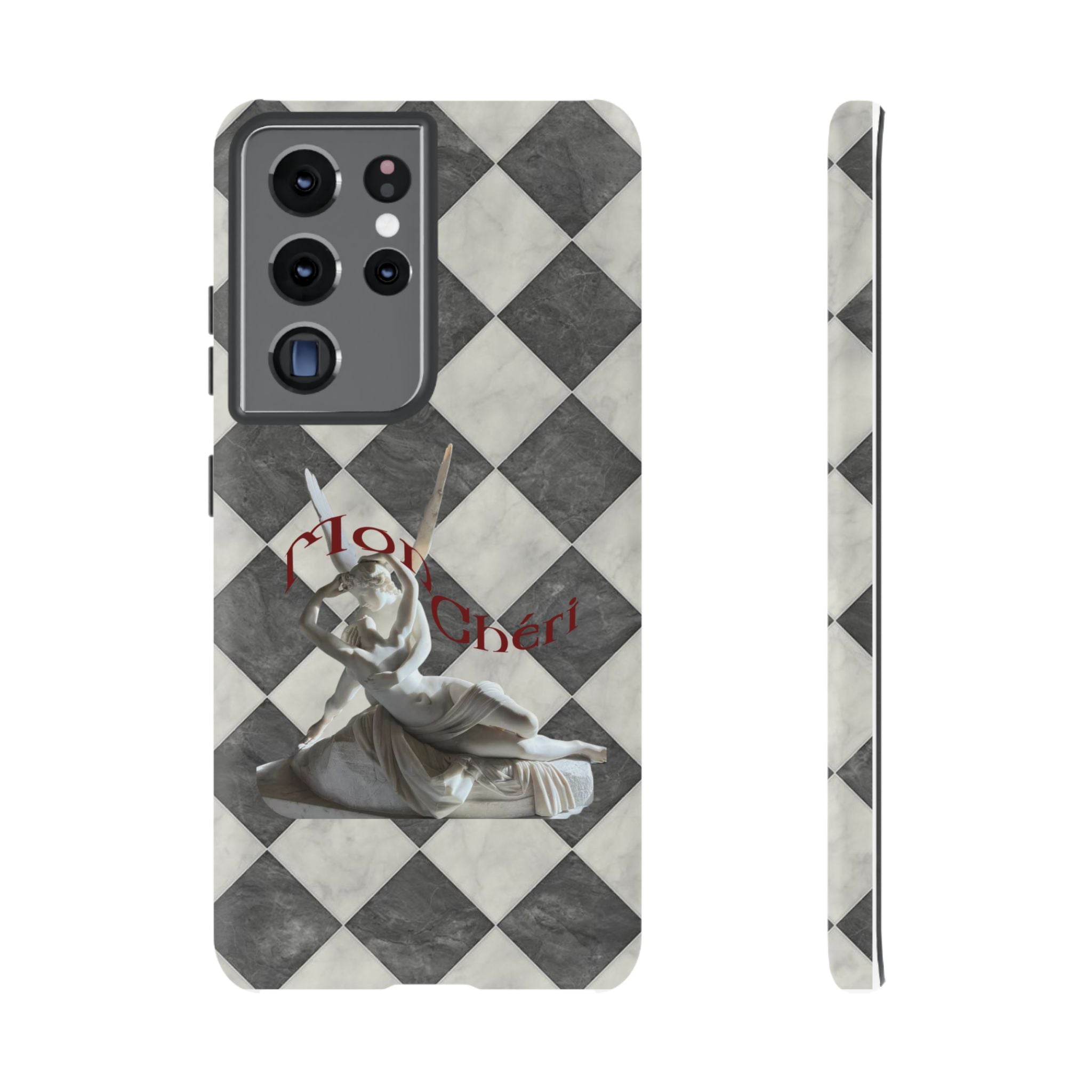 Phone Case — Vintage Harlequin Design with 'Mon Cheri' Statue Accent