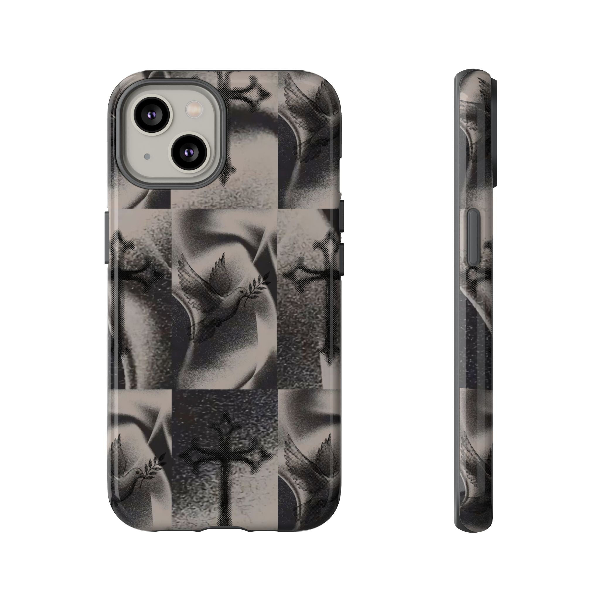 Gothic Cross & Dove Phone Case — Moody Checkerboard Protective Case