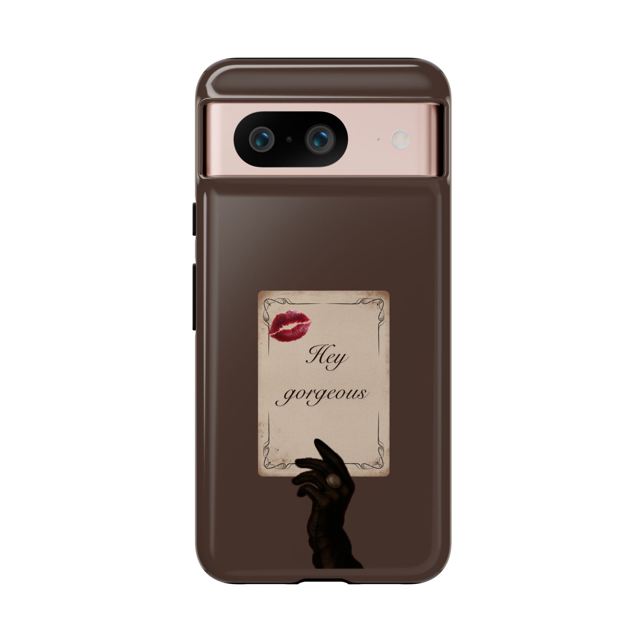 Hey Gorgeous Phone Case — Brown Lip Print & Shadow Hand Protective Cover