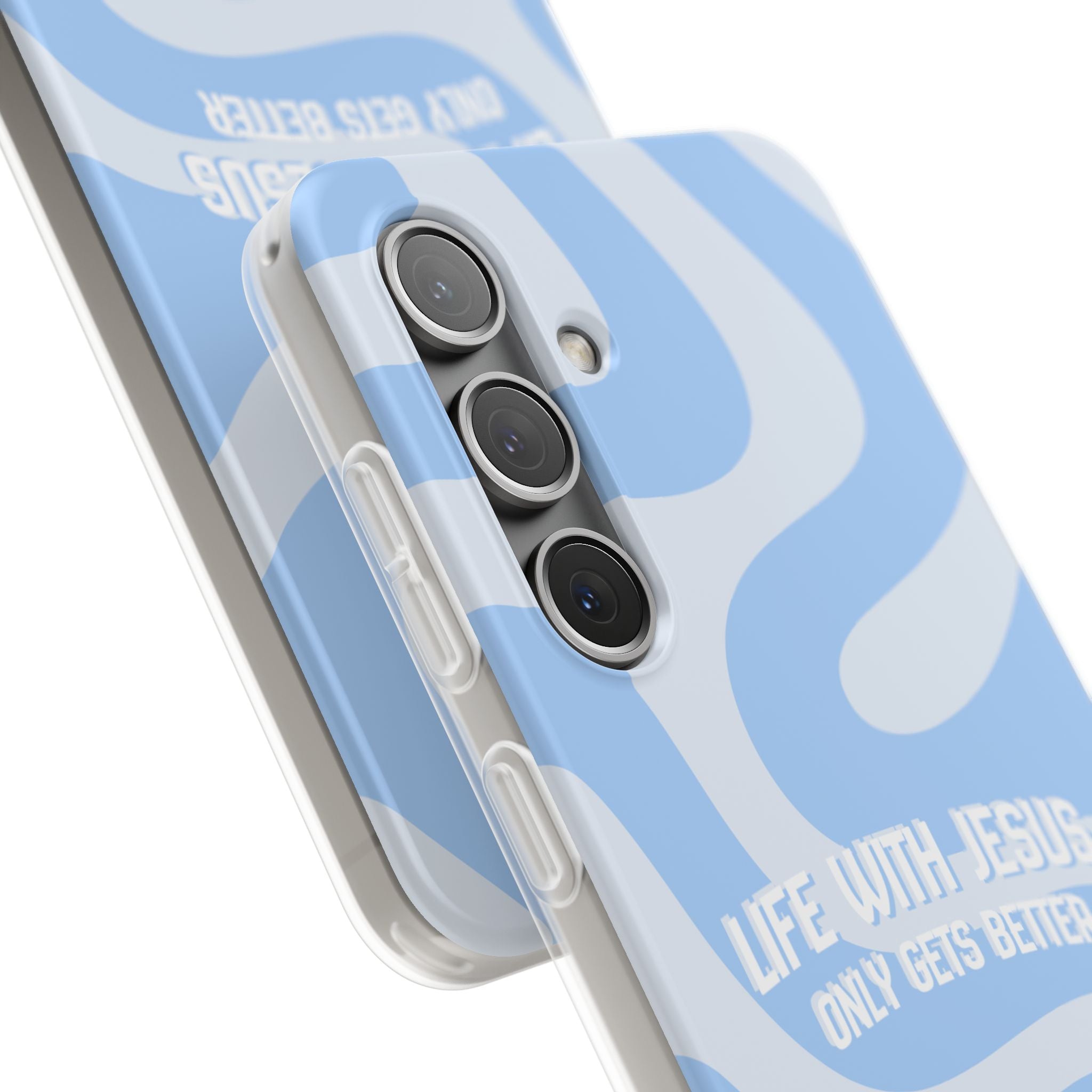 Phone Case — "Life With Jesus Only Gets Better" Blue Abstract Christian Flexi Case