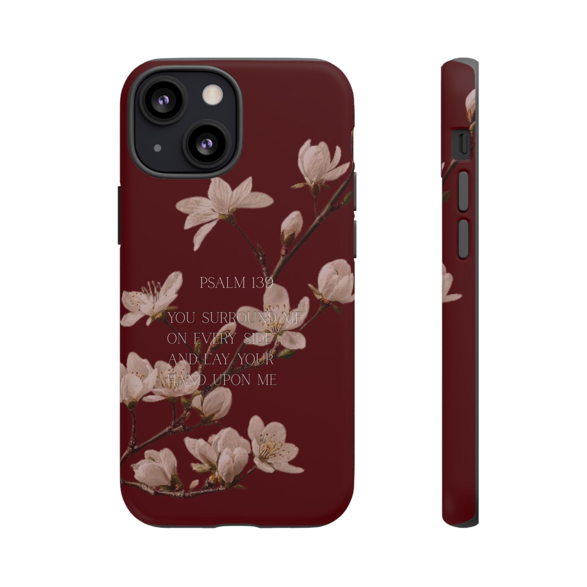 Floral Psalm Tough Phone Case — Burgundy Magnolia Branch with Psalm 139 Verse