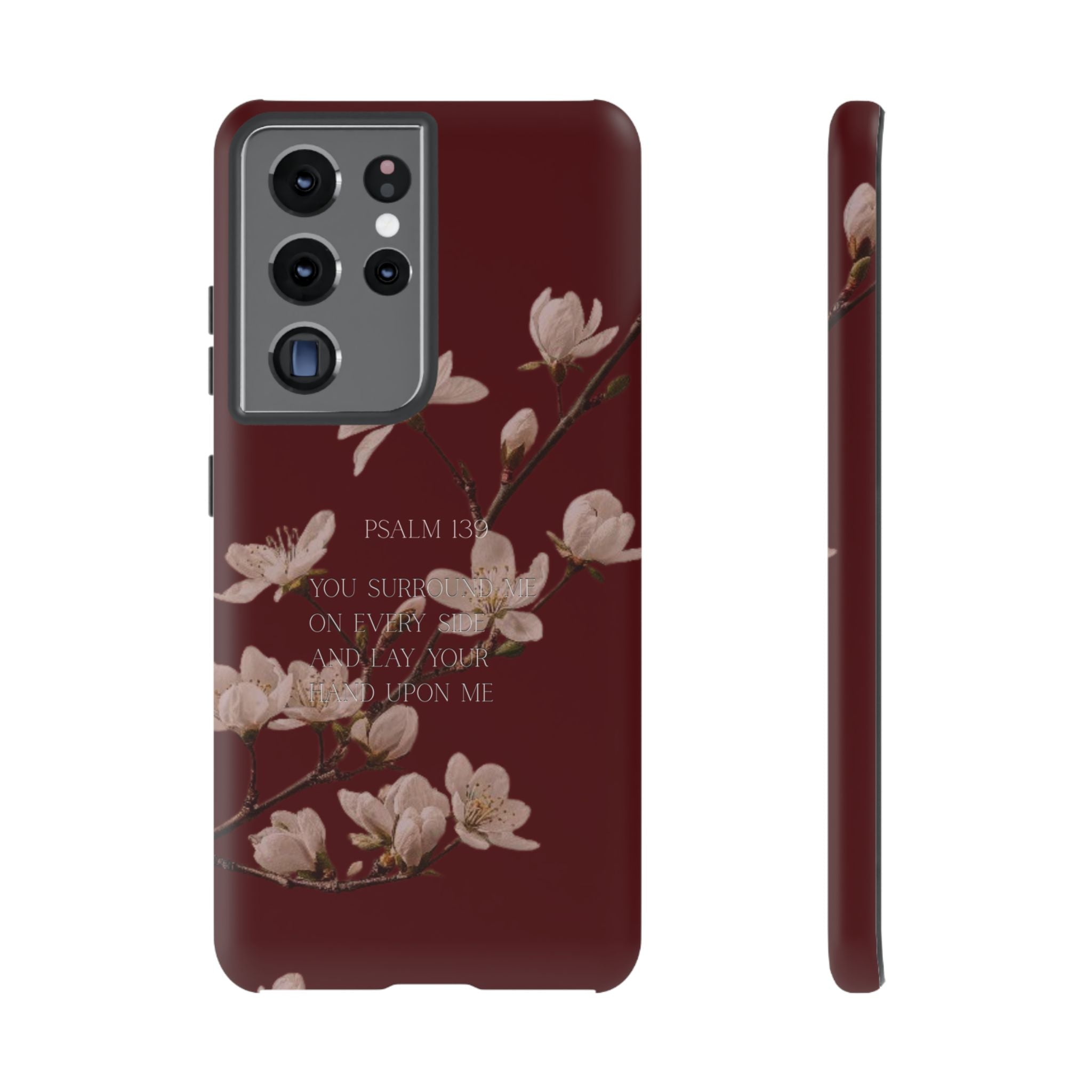 Floral Psalm Tough Phone Case — Burgundy Magnolia Branch with Psalm 139 Verse