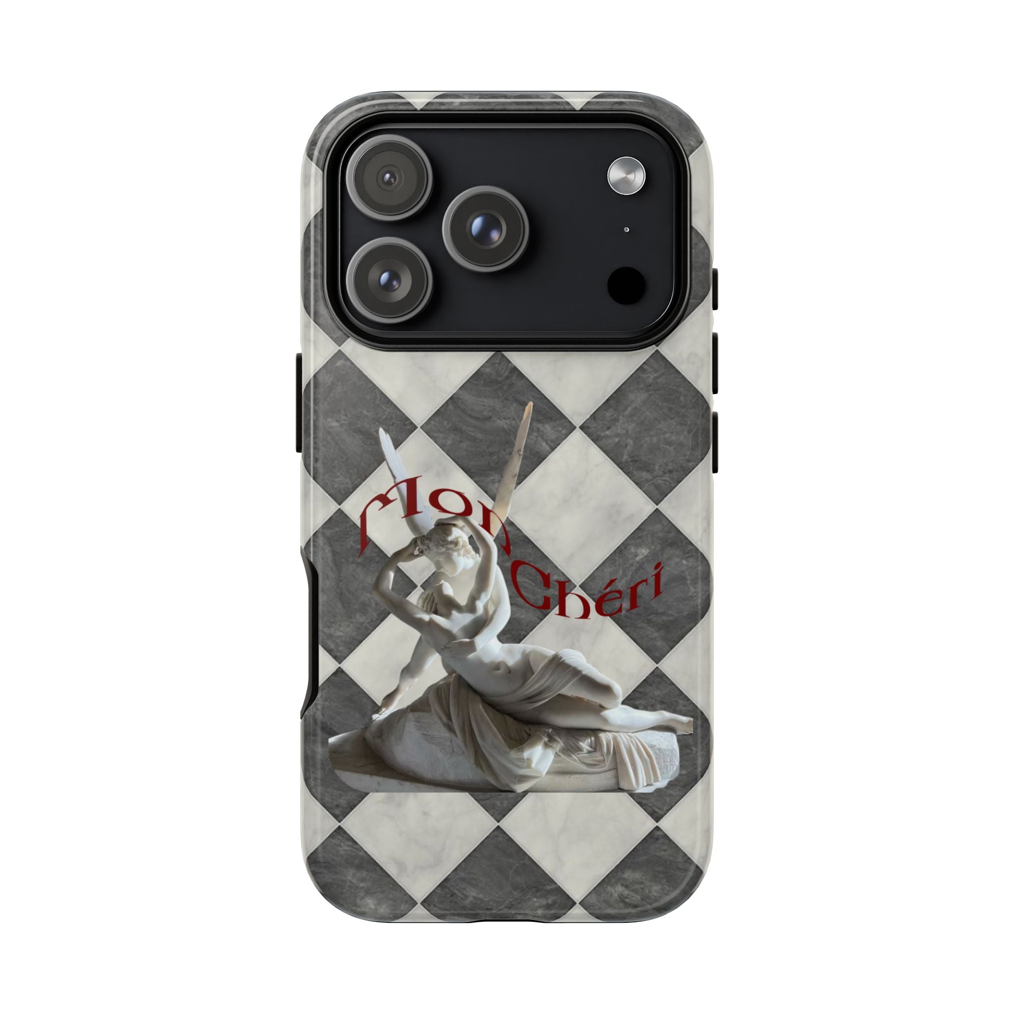 Phone Case — Vintage Harlequin Design with 'Mon Cheri' Statue Accent