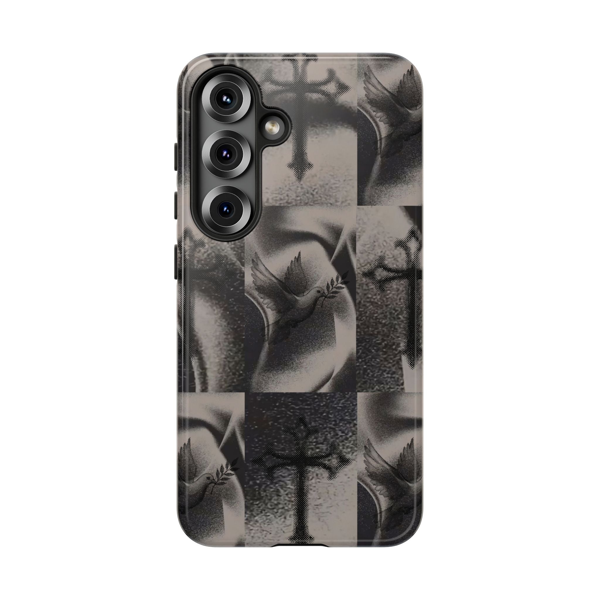 Gothic Cross & Dove Phone Case — Moody Checkerboard Protective Case