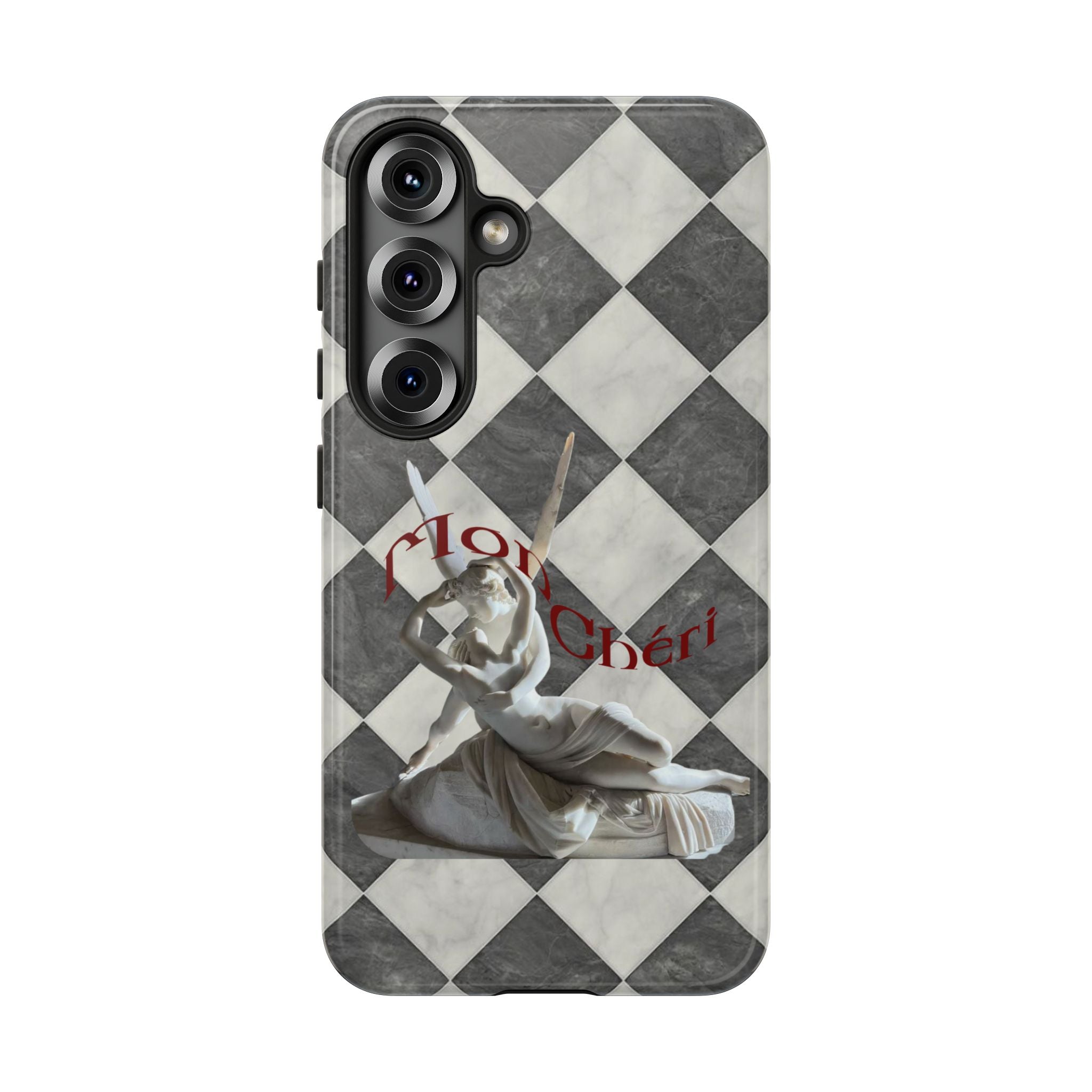 Phone Case — Vintage Harlequin Design with 'Mon Cheri' Statue Accent