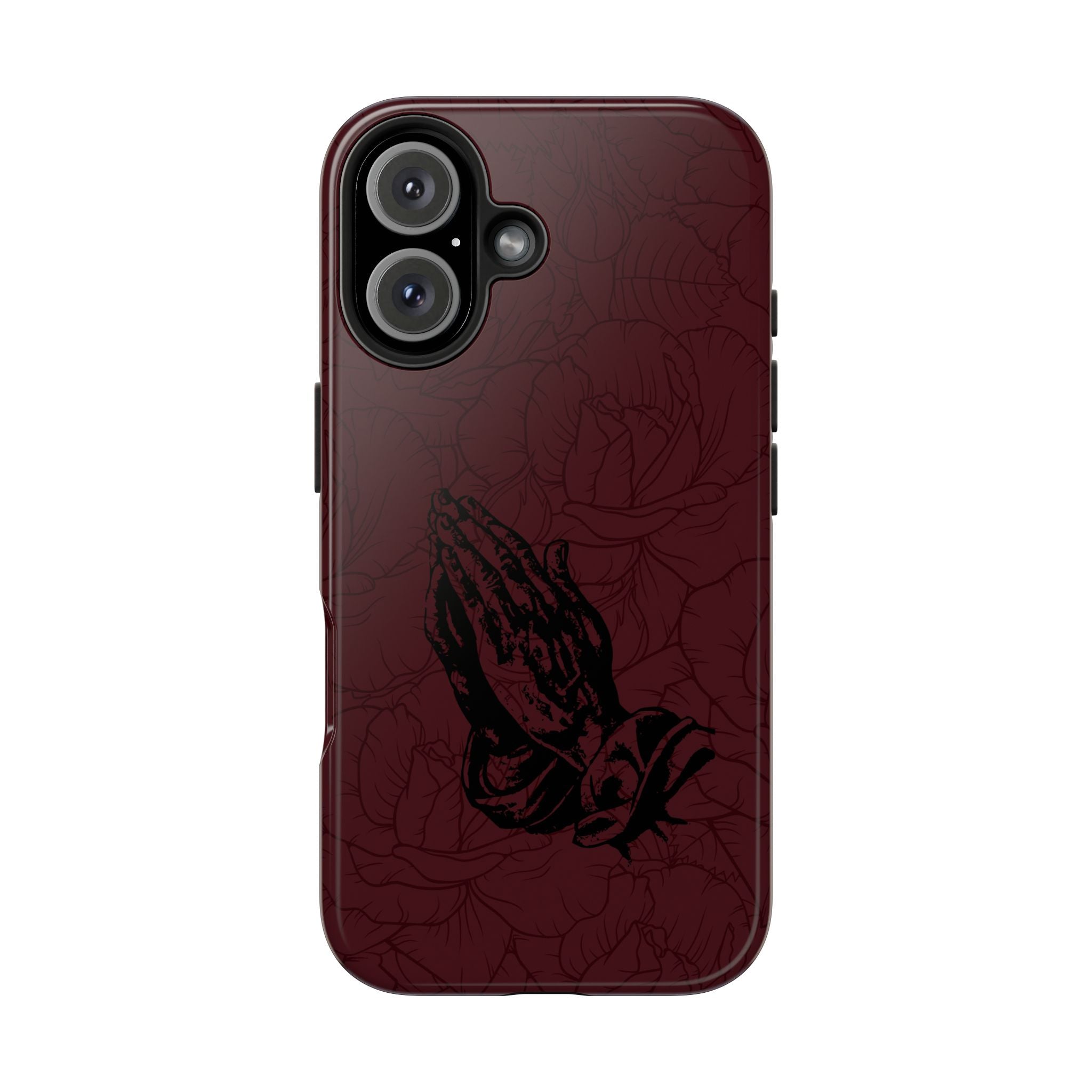 Burgundy Praying Hands Tough Phone Case – Floral Background, Religious Protective Cover