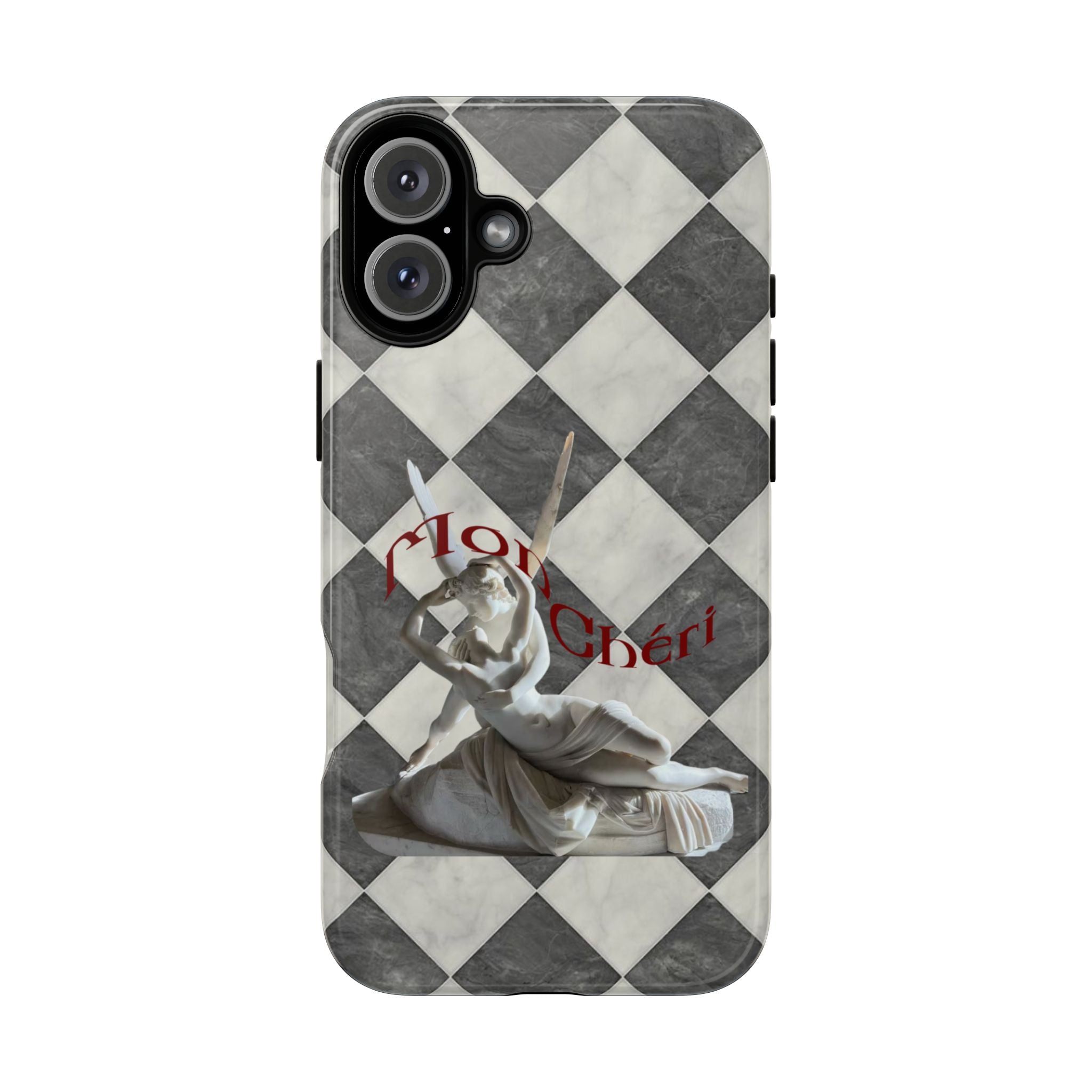 Phone Case — Vintage Harlequin Design with 'Mon Cheri' Statue Accent