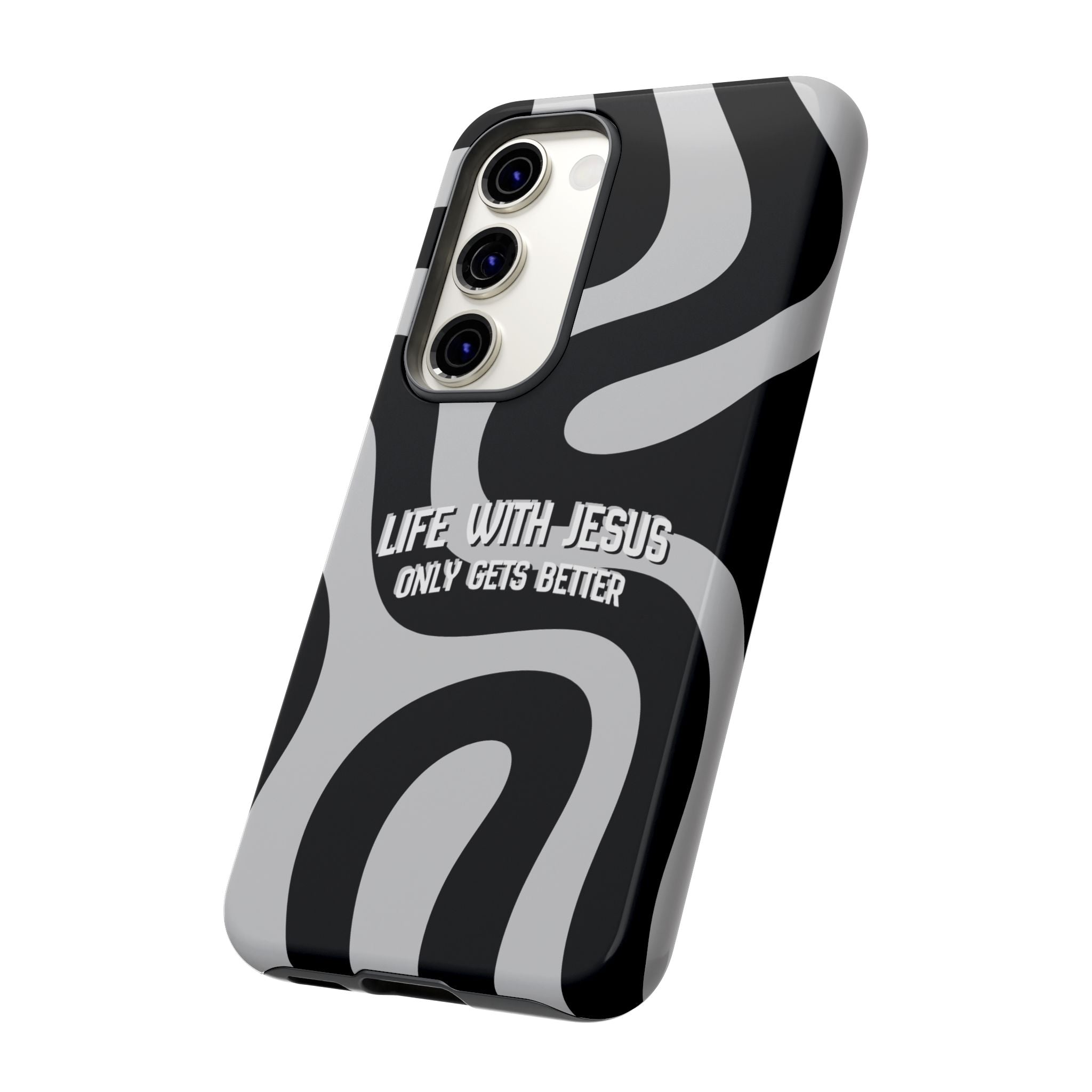 Christian iPhone Tough Case — "Life With Jesus Only Gets Better" Black & White Swirl Design