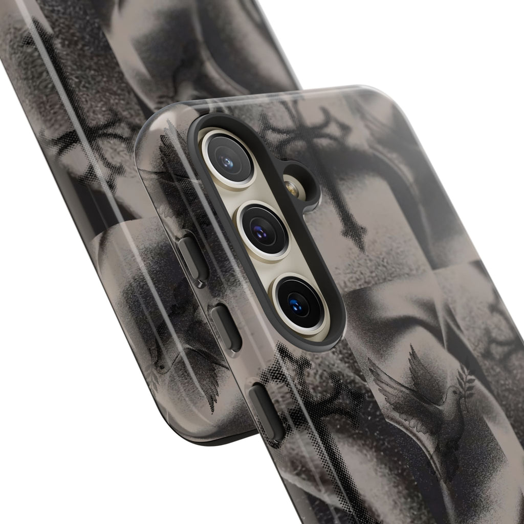 Gothic Cross & Dove Phone Case — Moody Checkerboard Protective Case