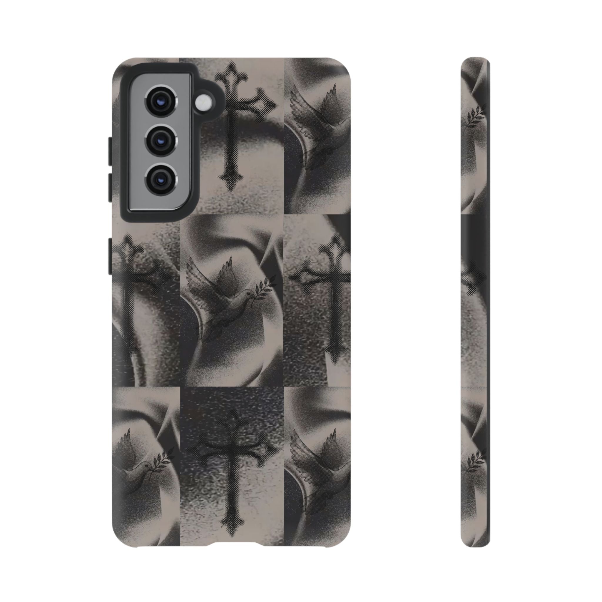 Gothic Cross & Dove Phone Case — Moody Checkerboard Protective Case