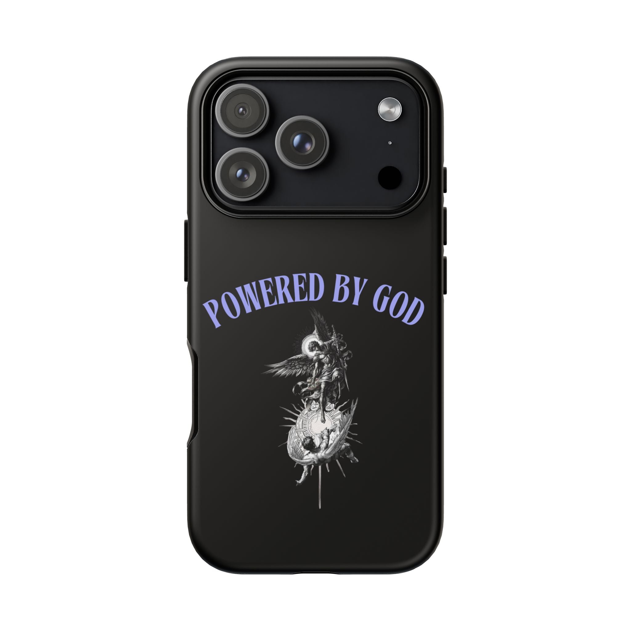 Phone Case — "Powered by God" Black Protective Case with Angelic Skull Design
