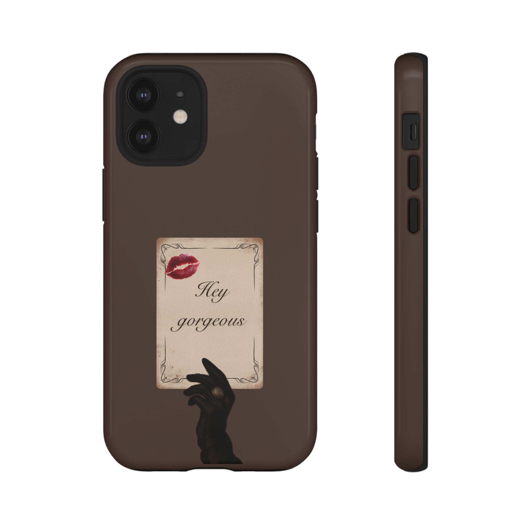 Hey Gorgeous Phone Case — Brown Lip Print & Shadow Hand Protective Cover