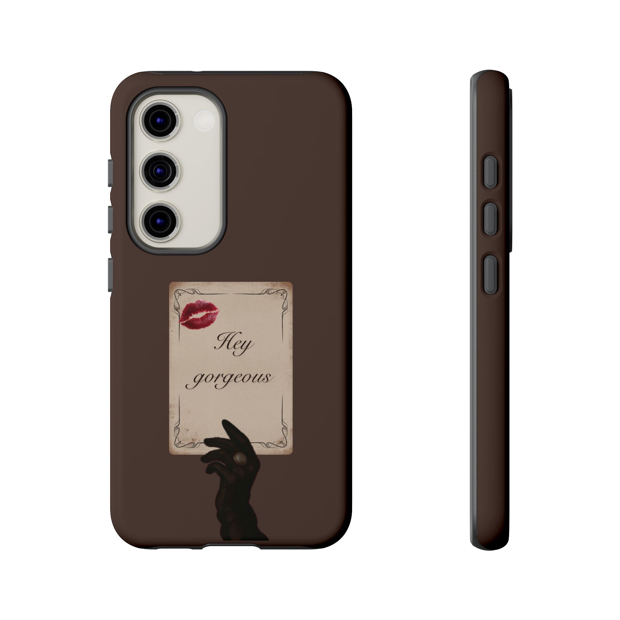Hey Gorgeous Phone Case — Brown Lip Print & Shadow Hand Protective Cover