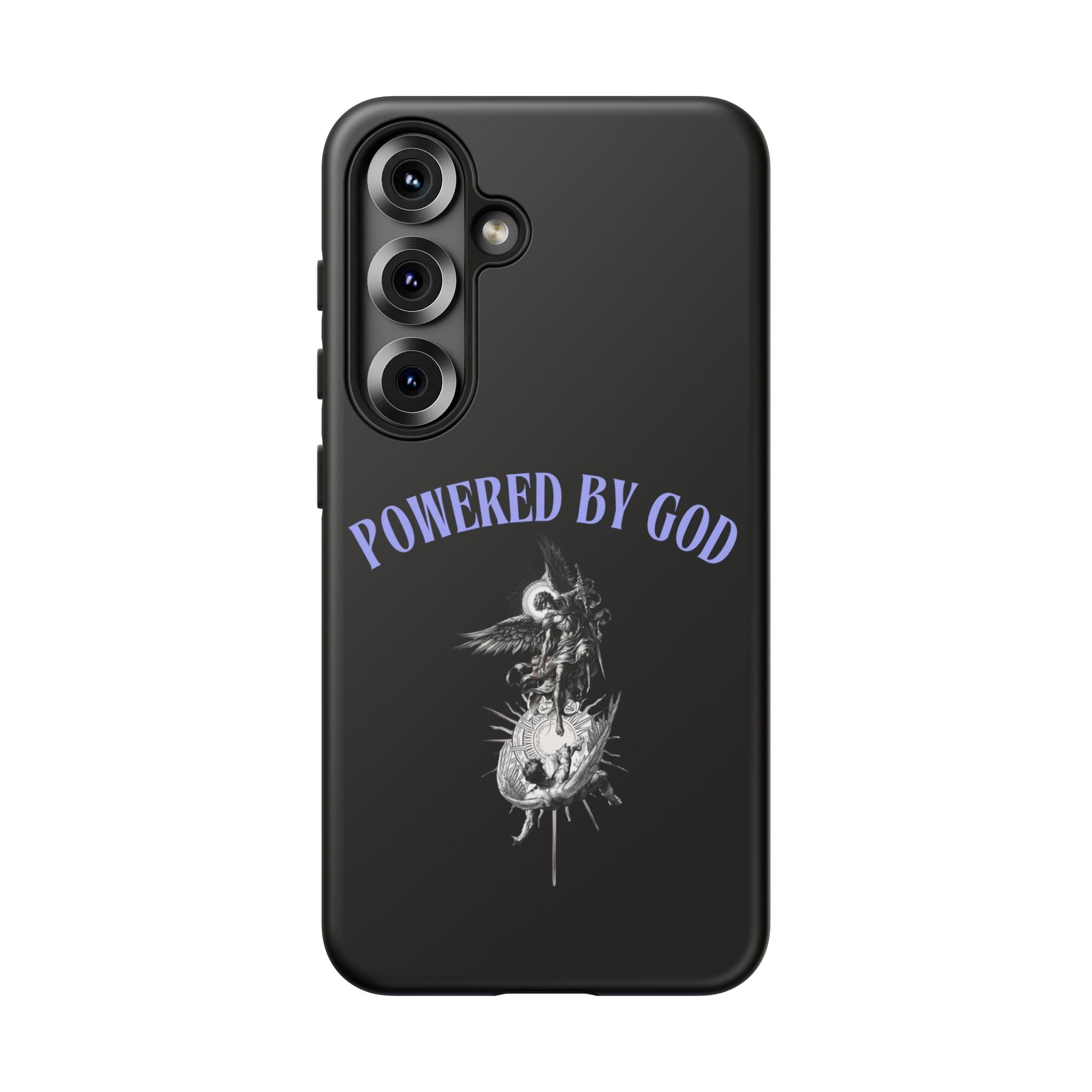 Phone Case — "Powered by God" Black Protective Case with Angelic Skull Design