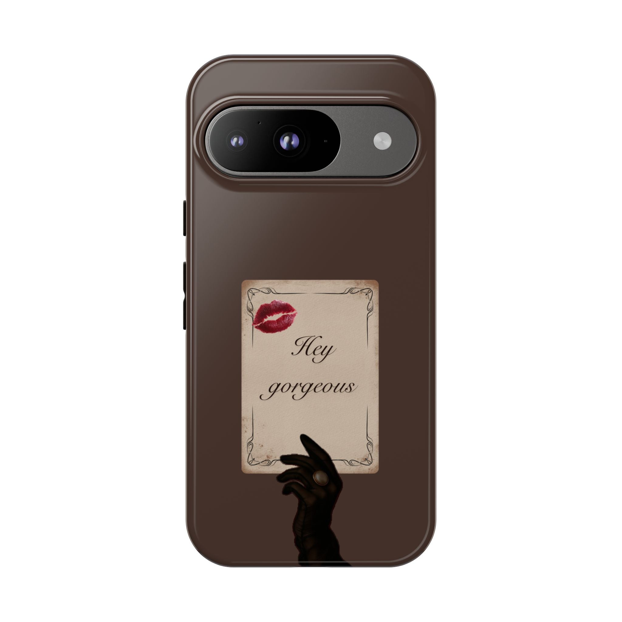 Hey Gorgeous Phone Case — Brown Lip Print & Shadow Hand Protective Cover