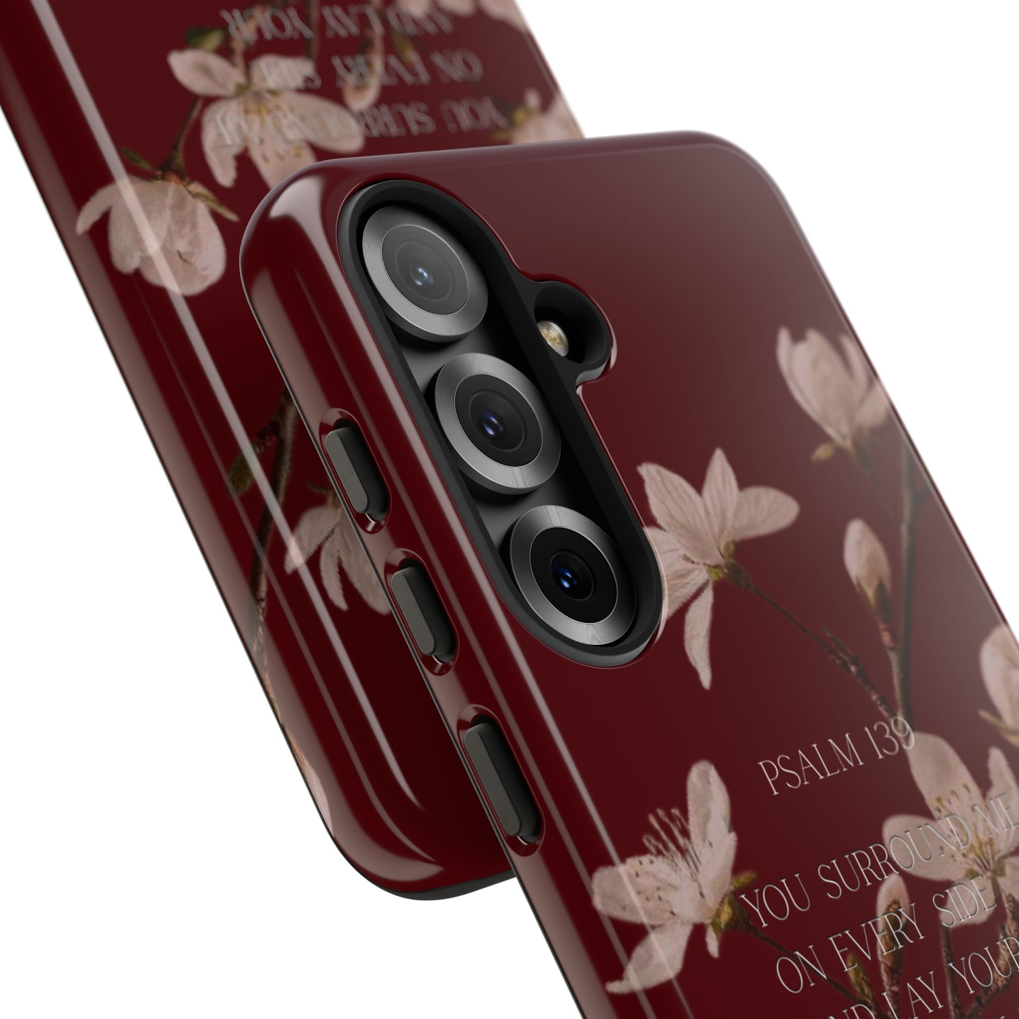 Floral Psalm Tough Phone Case — Burgundy Magnolia Branch with Psalm 139 Verse