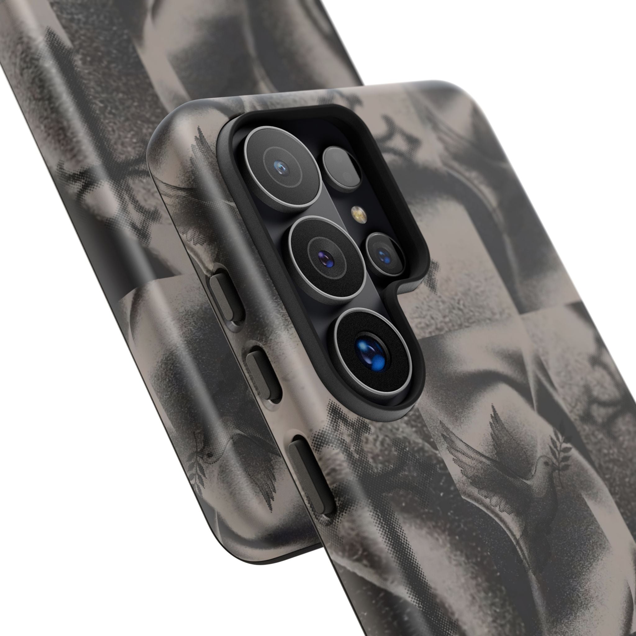 Gothic Cross & Dove Phone Case — Moody Checkerboard Protective Case