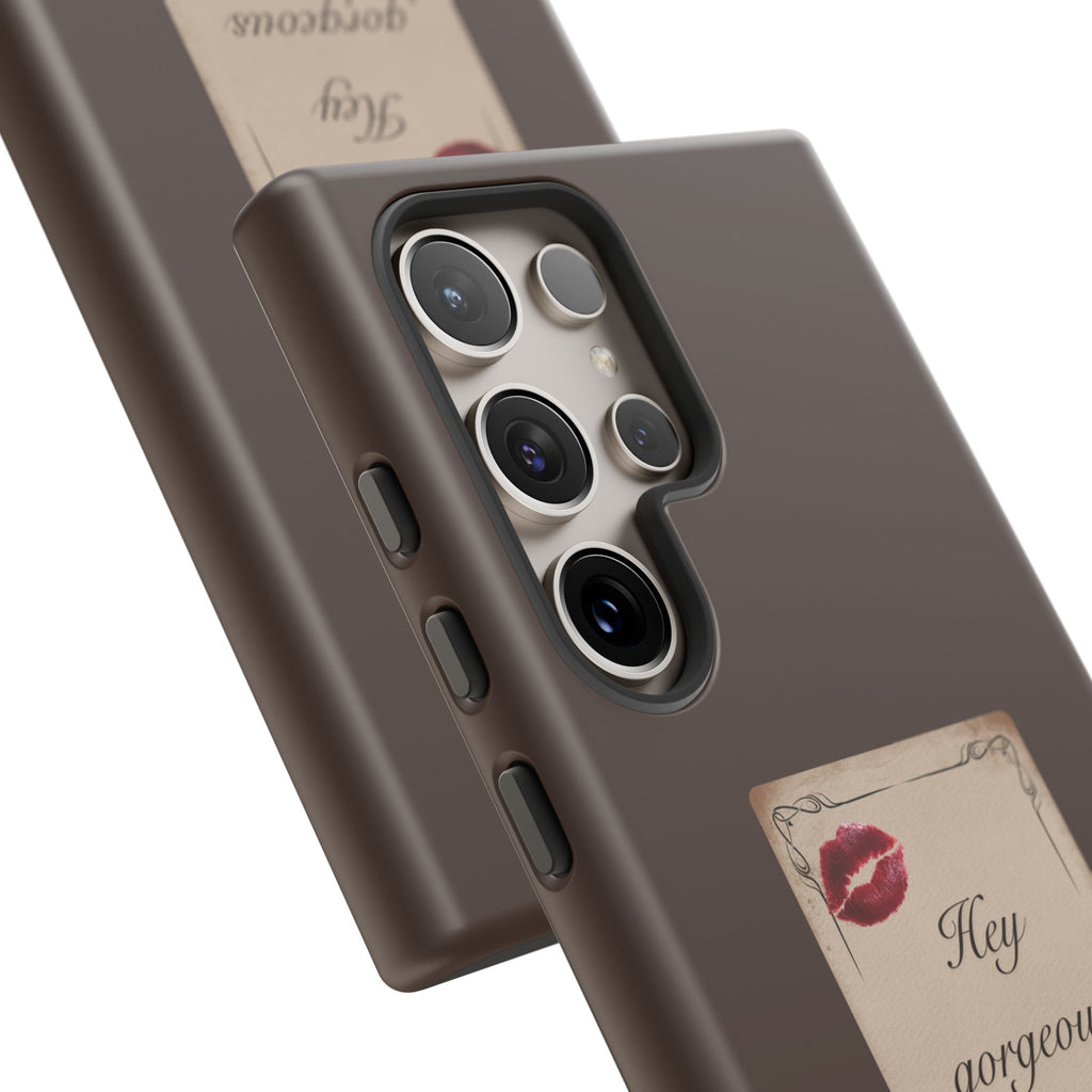 Hey Gorgeous Phone Case — Brown Lip Print & Shadow Hand Protective Cover