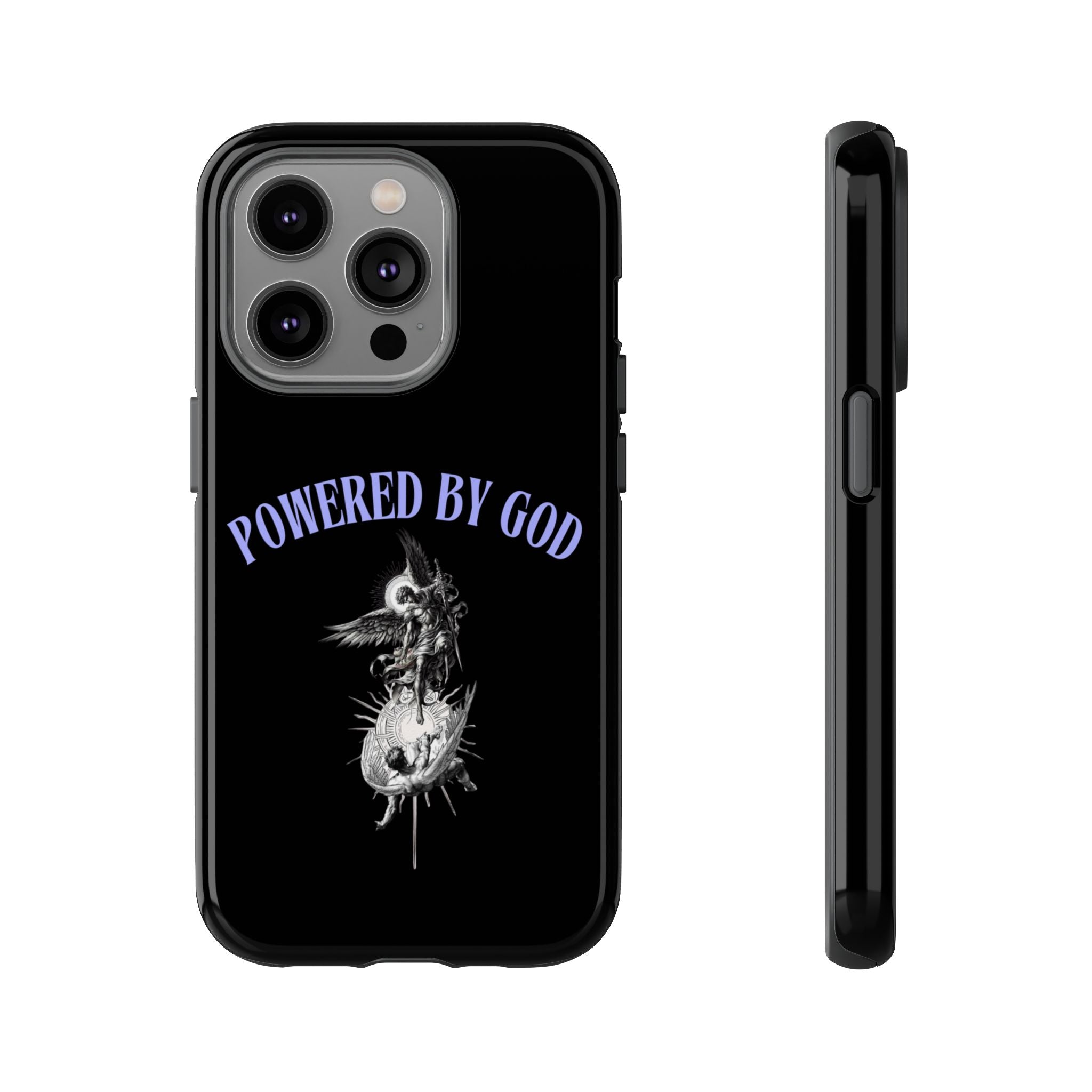 Phone Case — "Powered by God" Black Protective Case with Angelic Skull Design