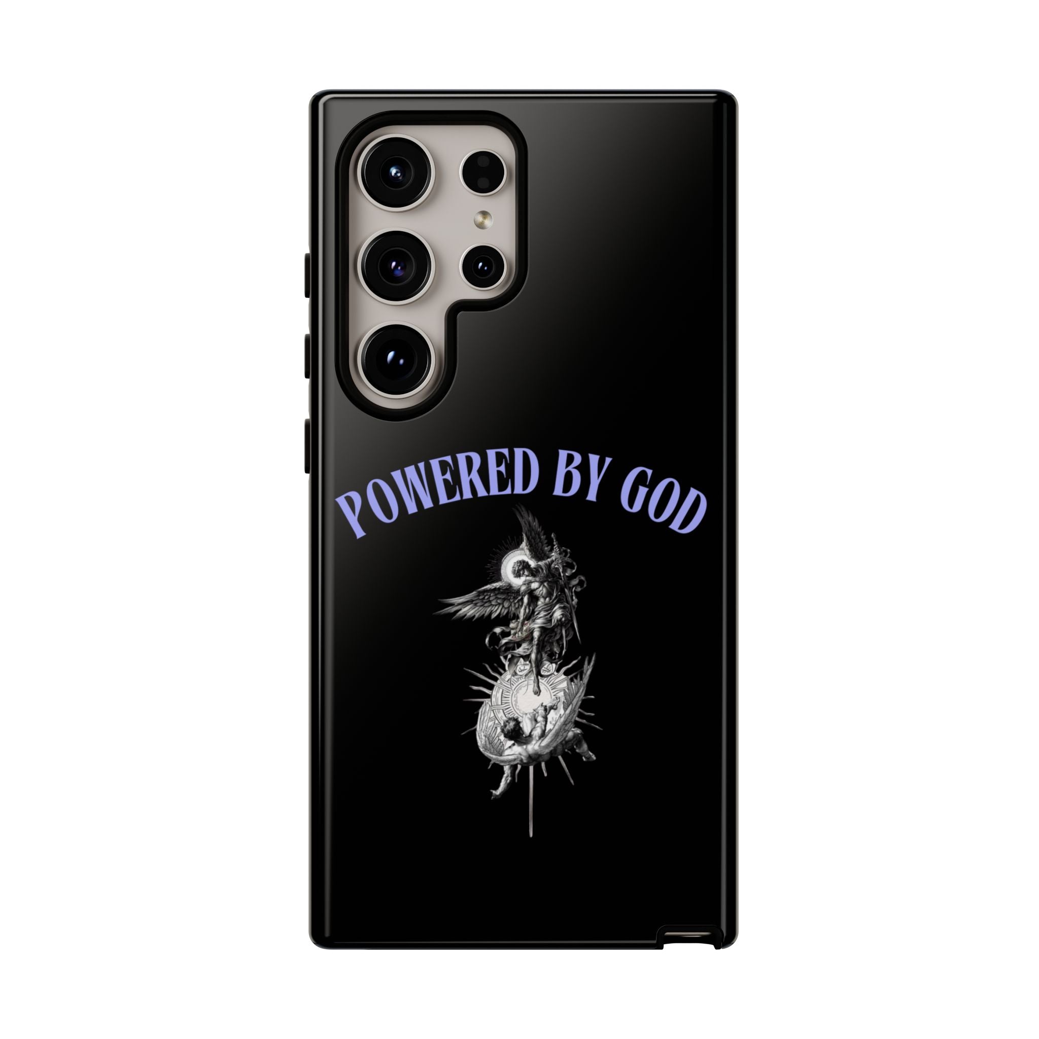 Phone Case — "Powered by God" Black Protective Case with Angelic Skull Design