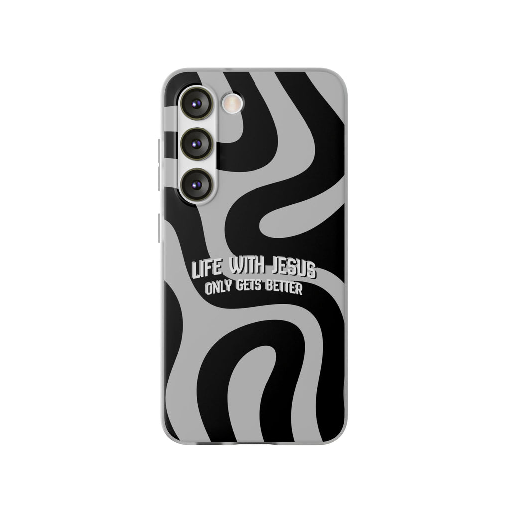 Religious Phone Case — "Life With Jesus Only Gets Better" Black & White Swirl Flexi Case