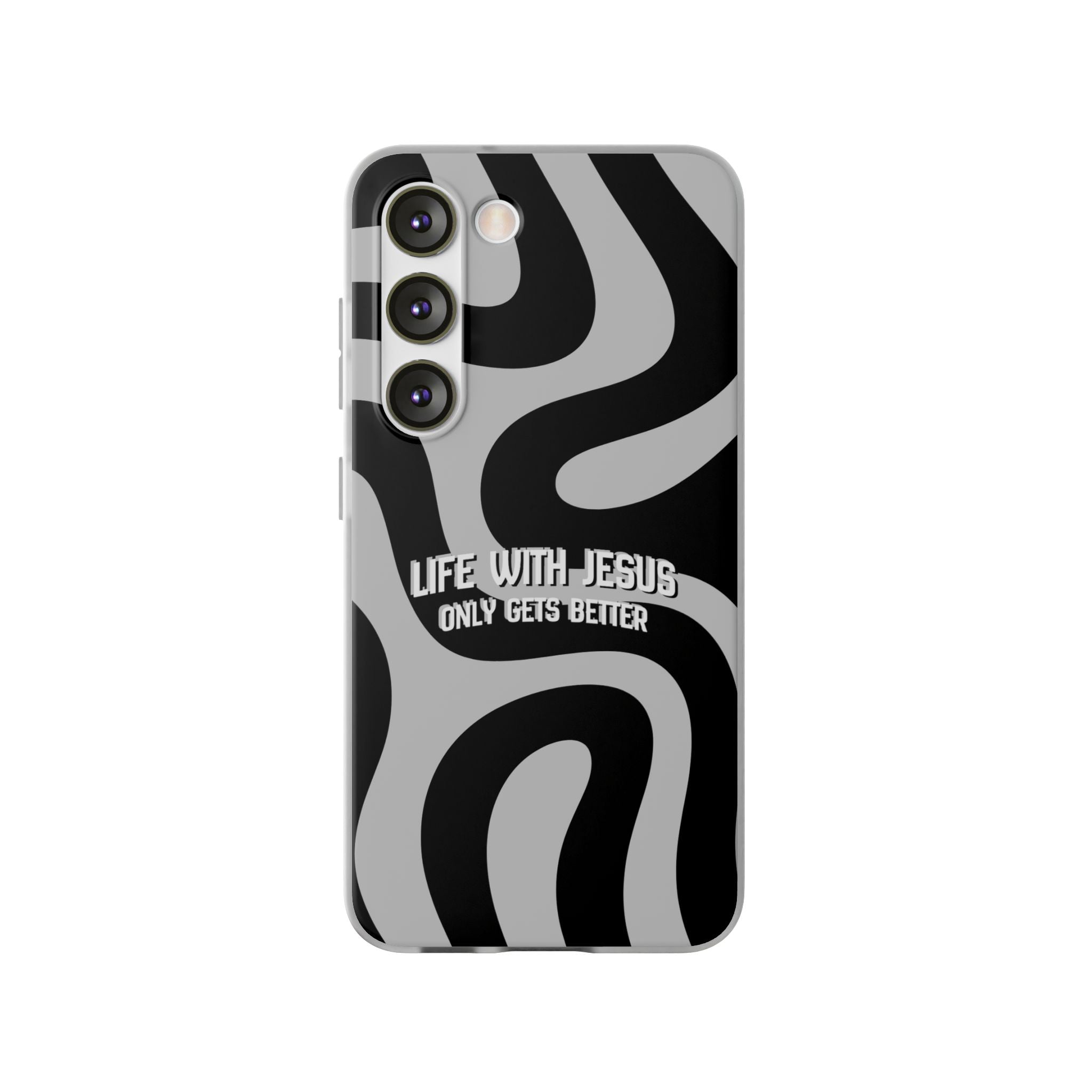 Religious Phone Case — "Life With Jesus Only Gets Better" Black & White Swirl Flexi Case