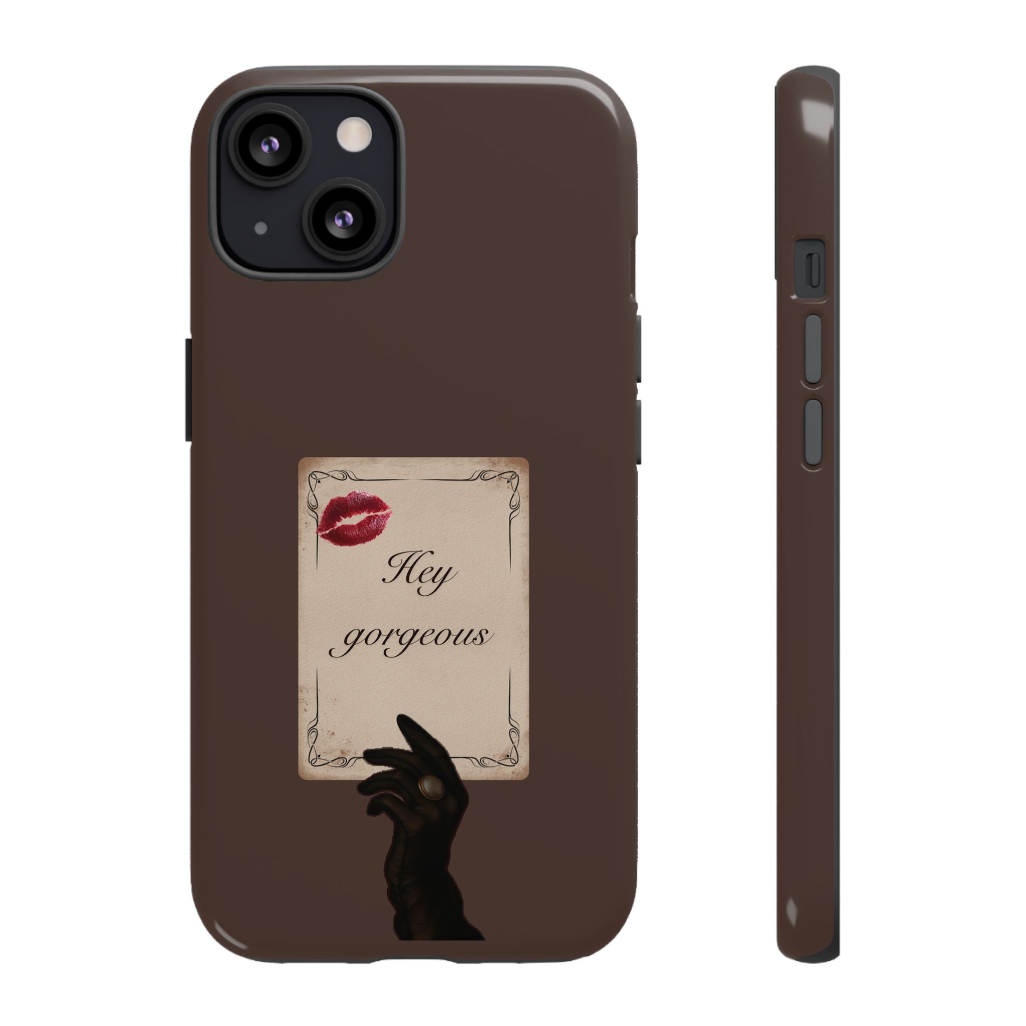 Hey Gorgeous Phone Case — Brown Lip Print & Shadow Hand Protective Cover