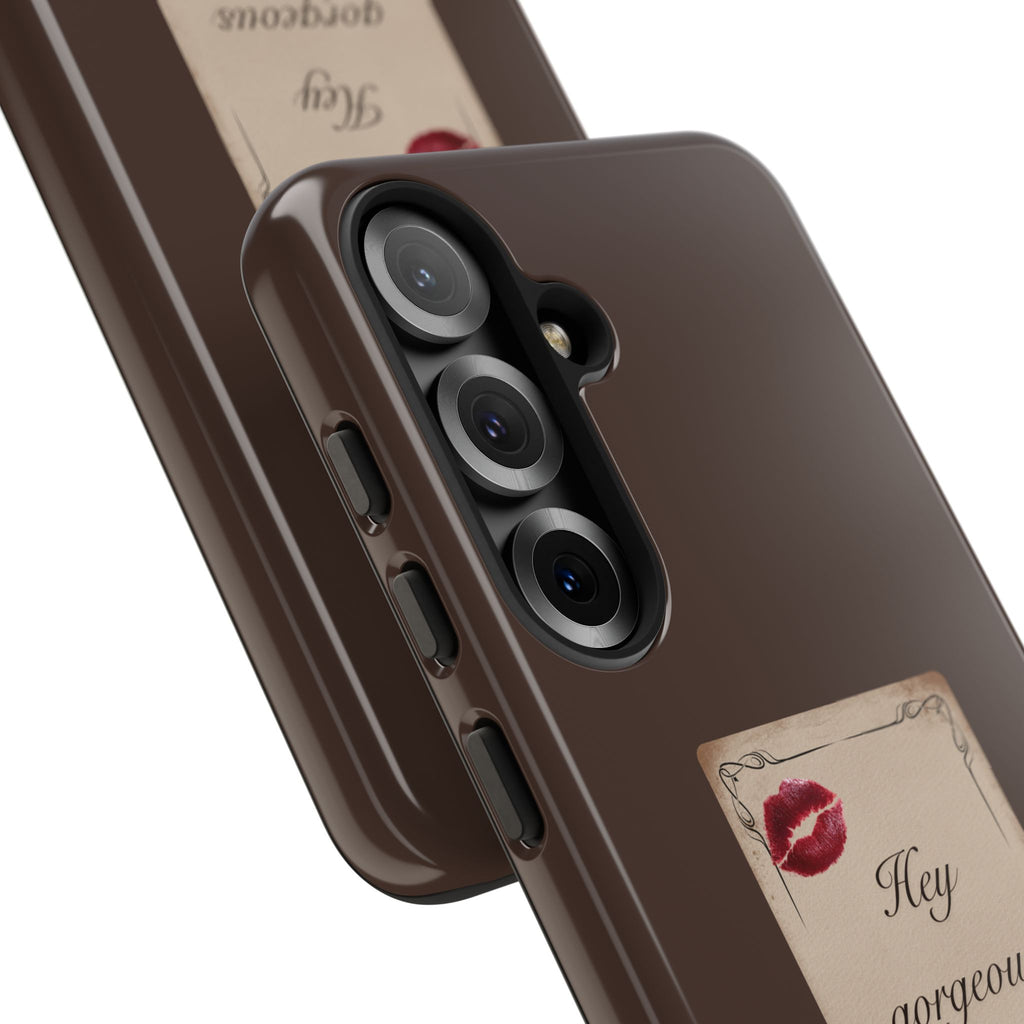Hey Gorgeous Phone Case — Brown Lip Print & Shadow Hand Protective Cover