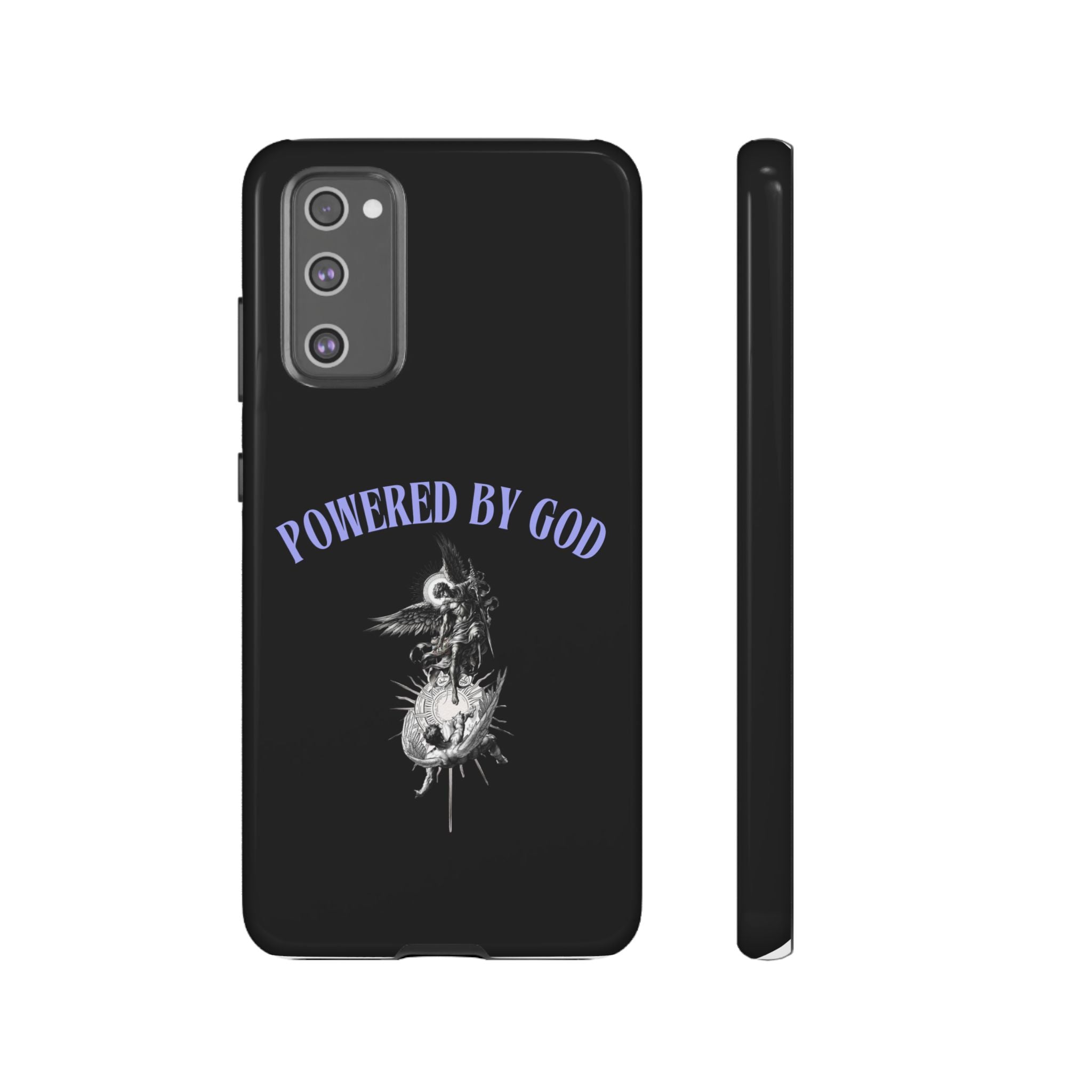 Phone Case — "Powered by God" Black Protective Case with Angelic Skull Design