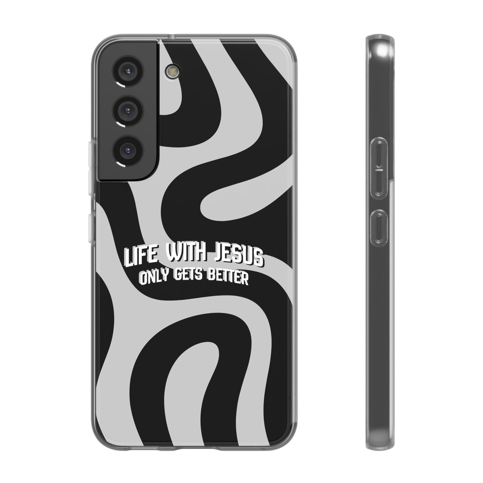 Religious Phone Case — "Life With Jesus Only Gets Better" Black & White Swirl Flexi Case