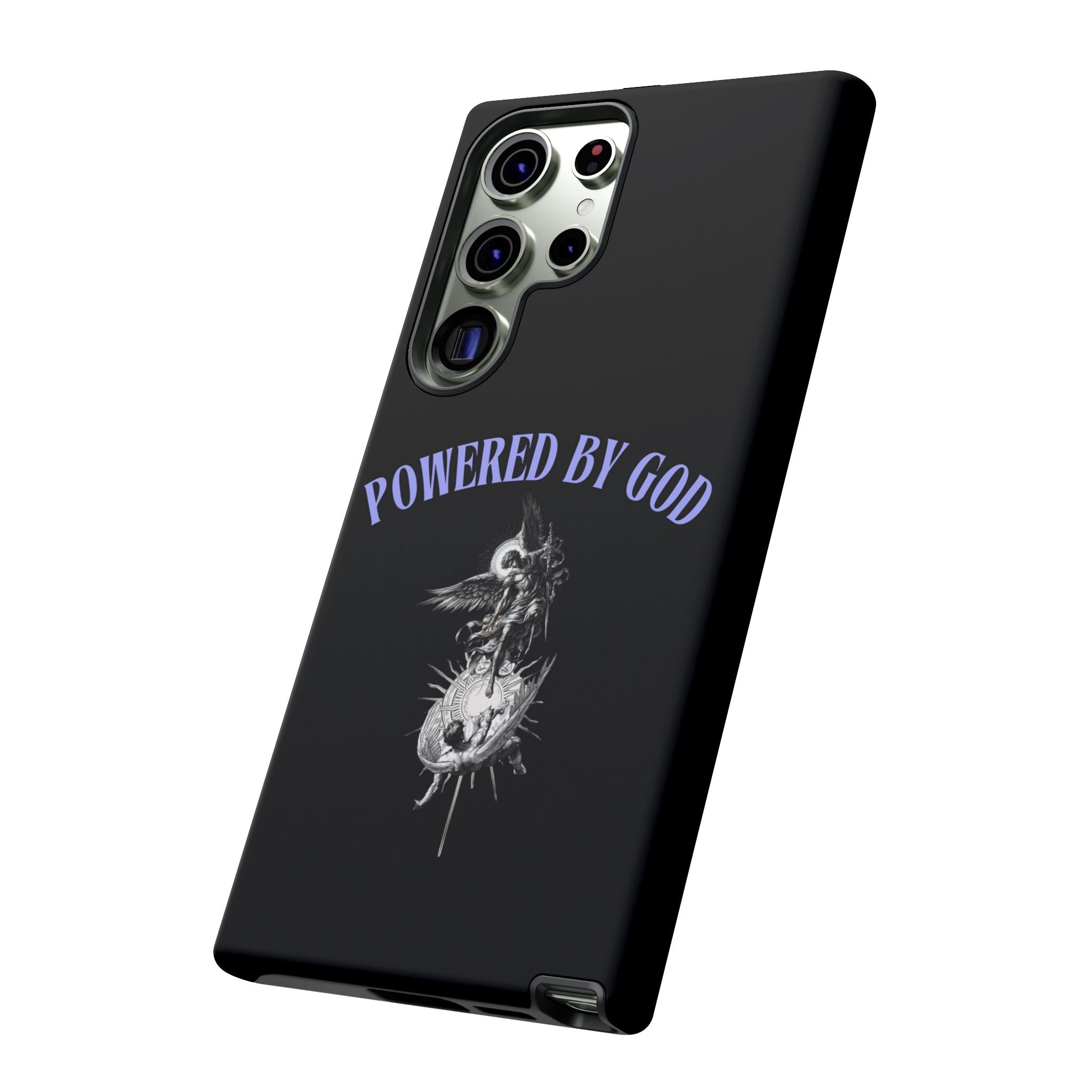 Phone Case — "Powered by God" Black Protective Case with Angelic Skull Design