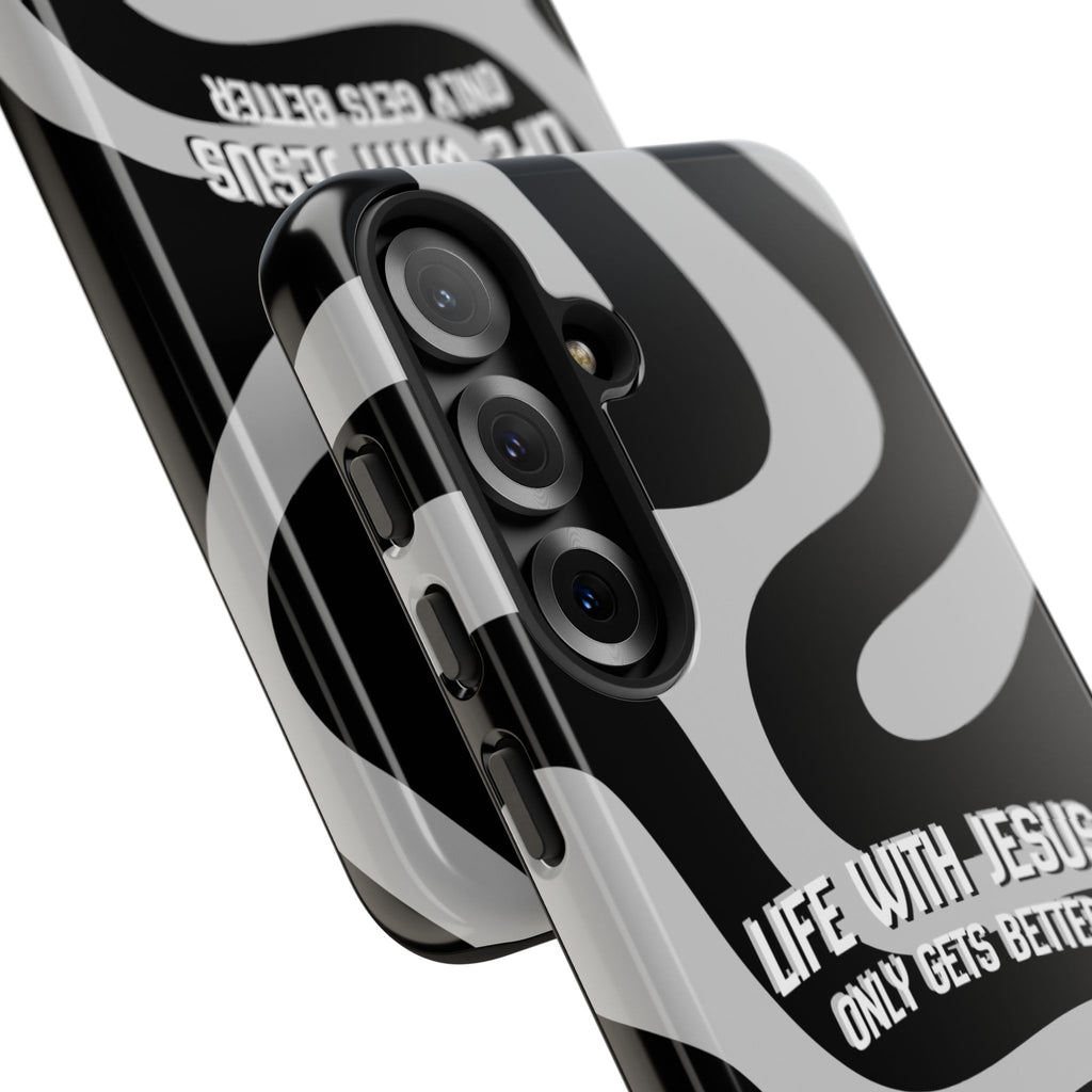 Christian iPhone Tough Case — "Life With Jesus Only Gets Better" Black & White Swirl Design