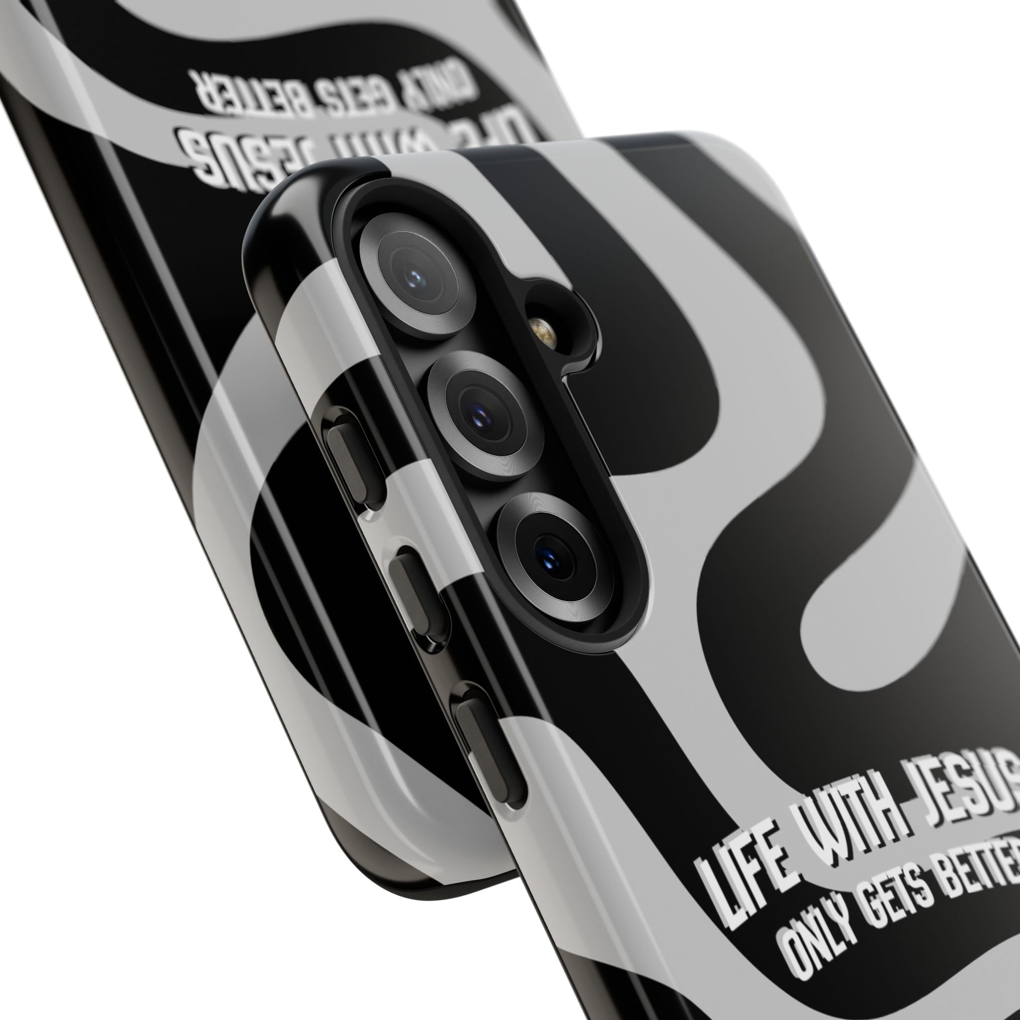 Christian iPhone Tough Case — "Life With Jesus Only Gets Better" Black & White Swirl Design
