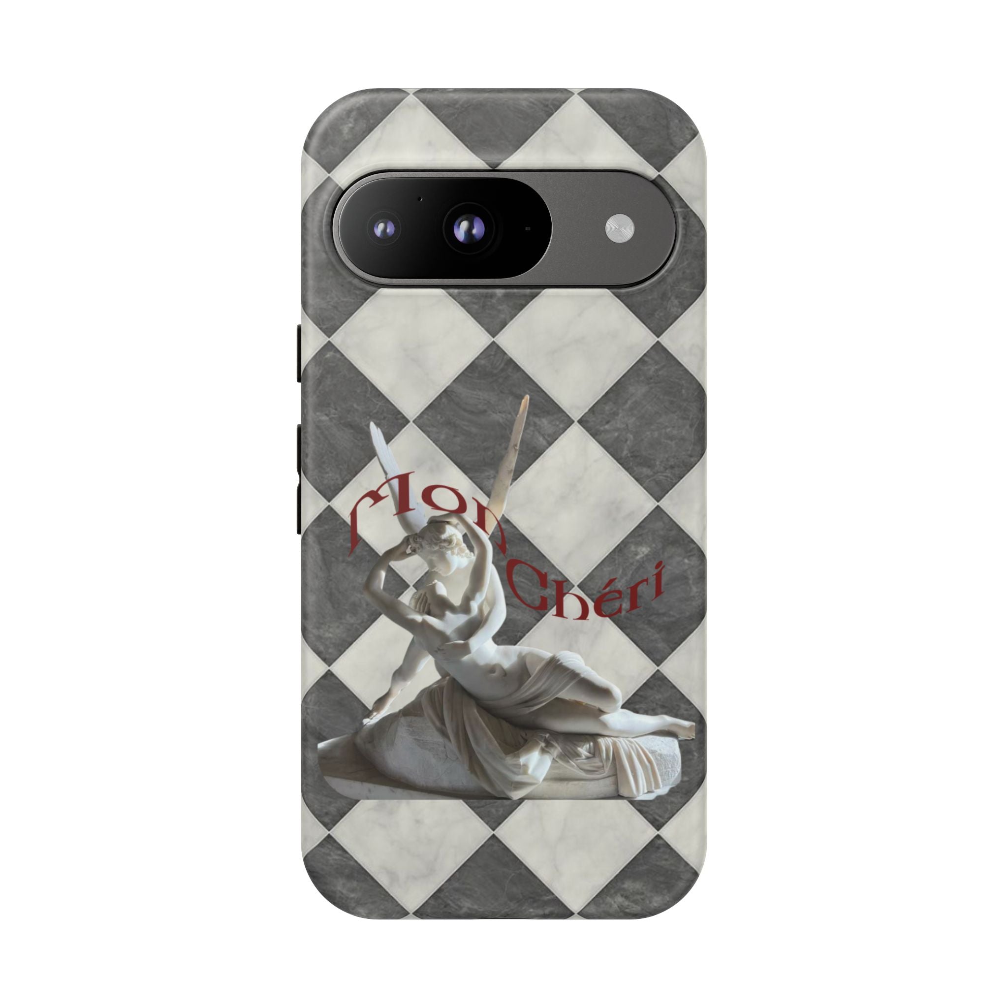 Phone Case — Vintage Harlequin Design with 'Mon Cheri' Statue Accent