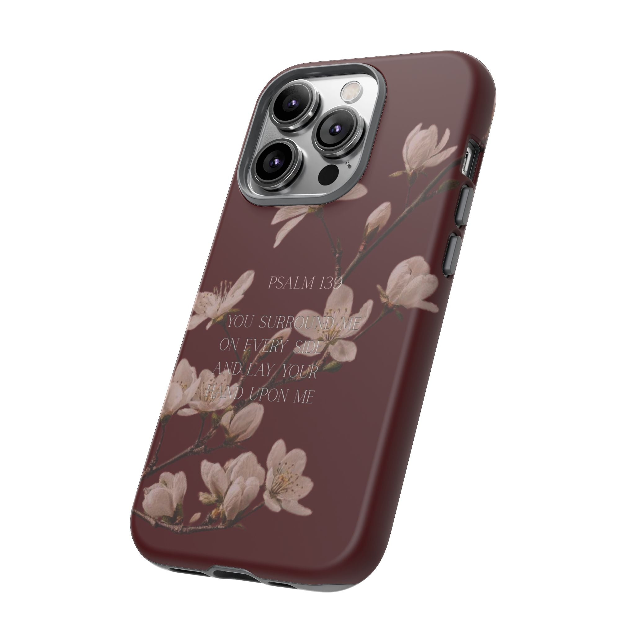 Floral Psalm Tough Phone Case — Burgundy Magnolia Branch with Psalm 139 Verse