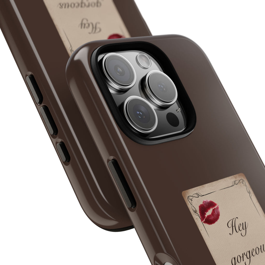 Hey Gorgeous Phone Case — Brown Lip Print & Shadow Hand Protective Cover