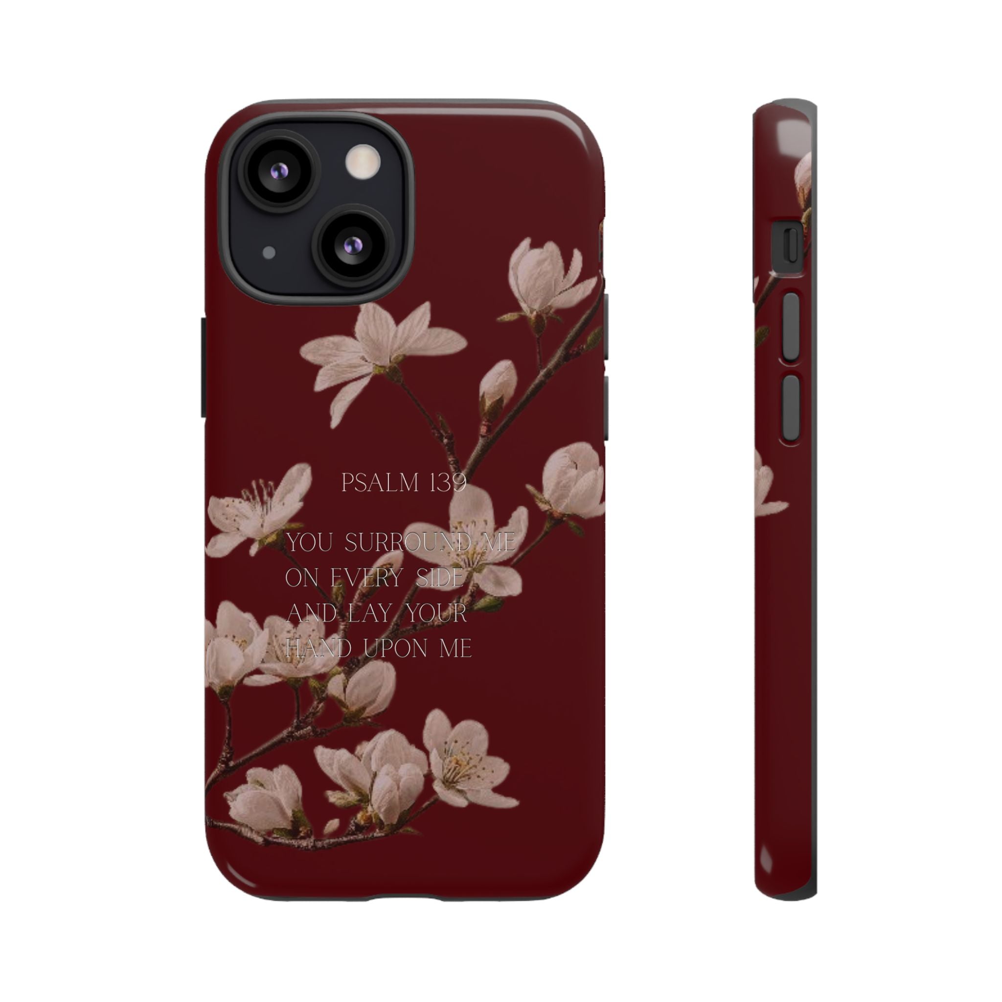 Floral Psalm Tough Phone Case — Burgundy Magnolia Branch with Psalm 139 Verse