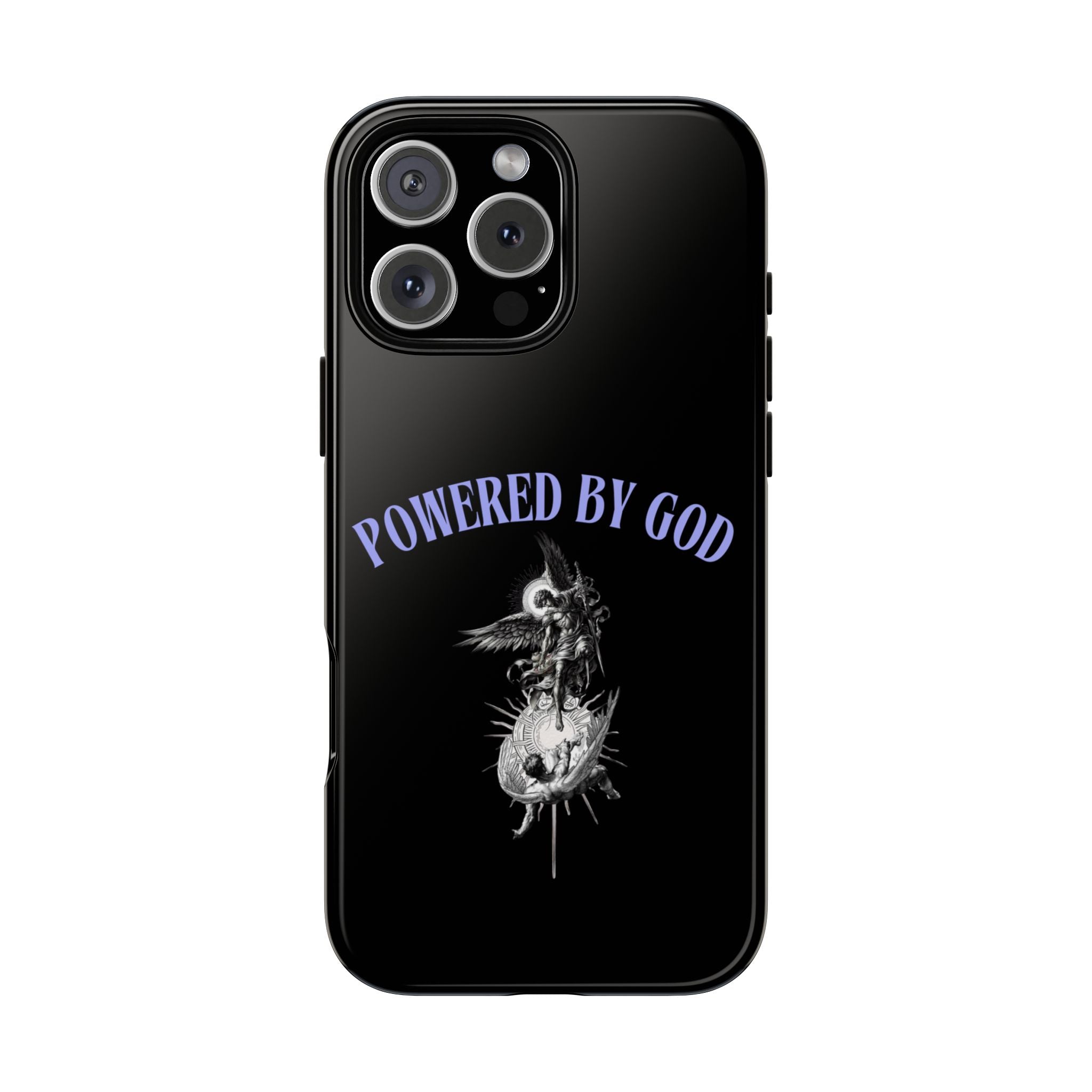 Phone Case — "Powered by God" Black Protective Case with Angelic Skull Design
