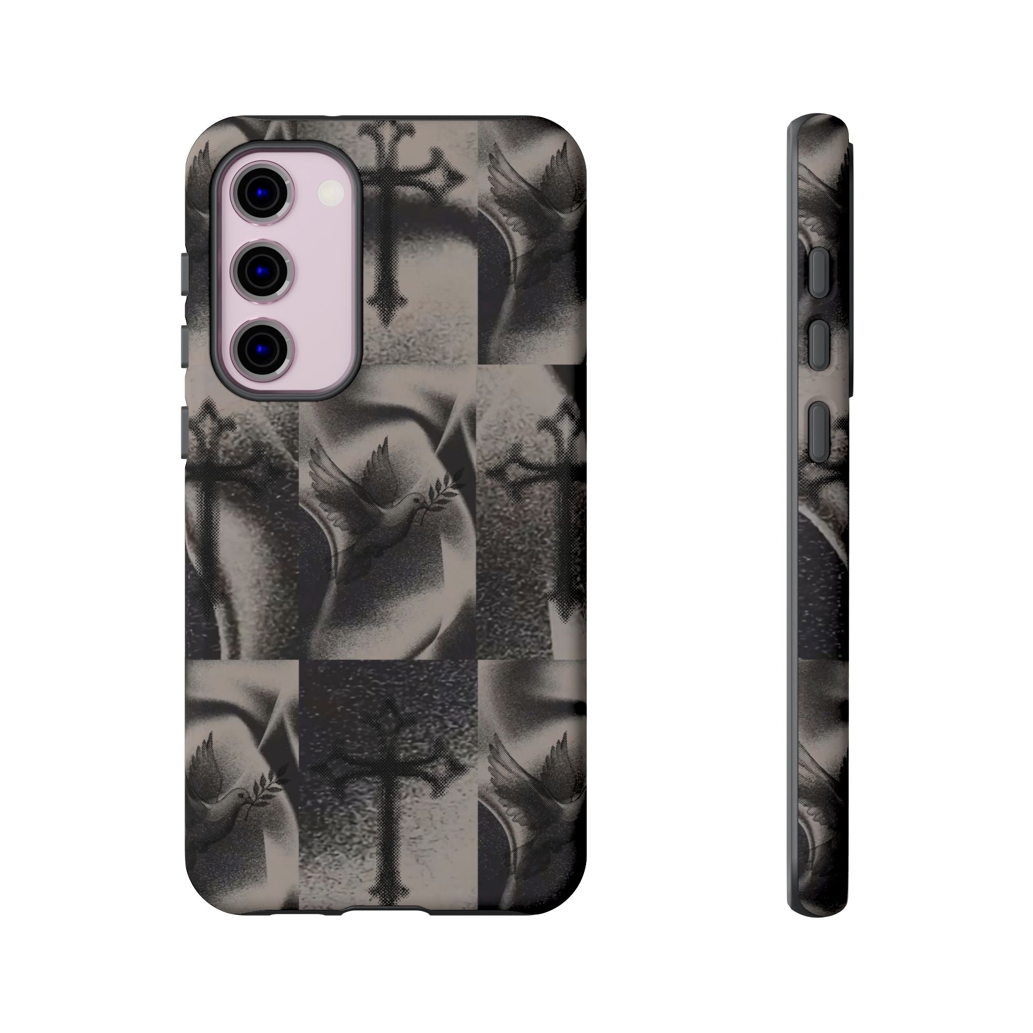 Gothic Cross & Dove Phone Case — Moody Checkerboard Protective Case