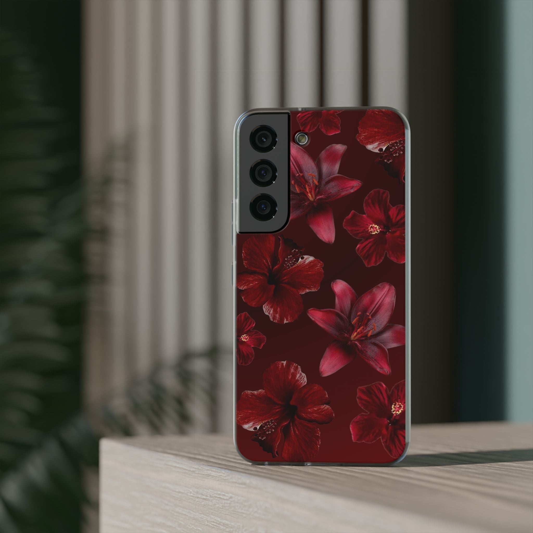 Red Floral Flexi Phone Case – Dark Burgundy Lily Pattern