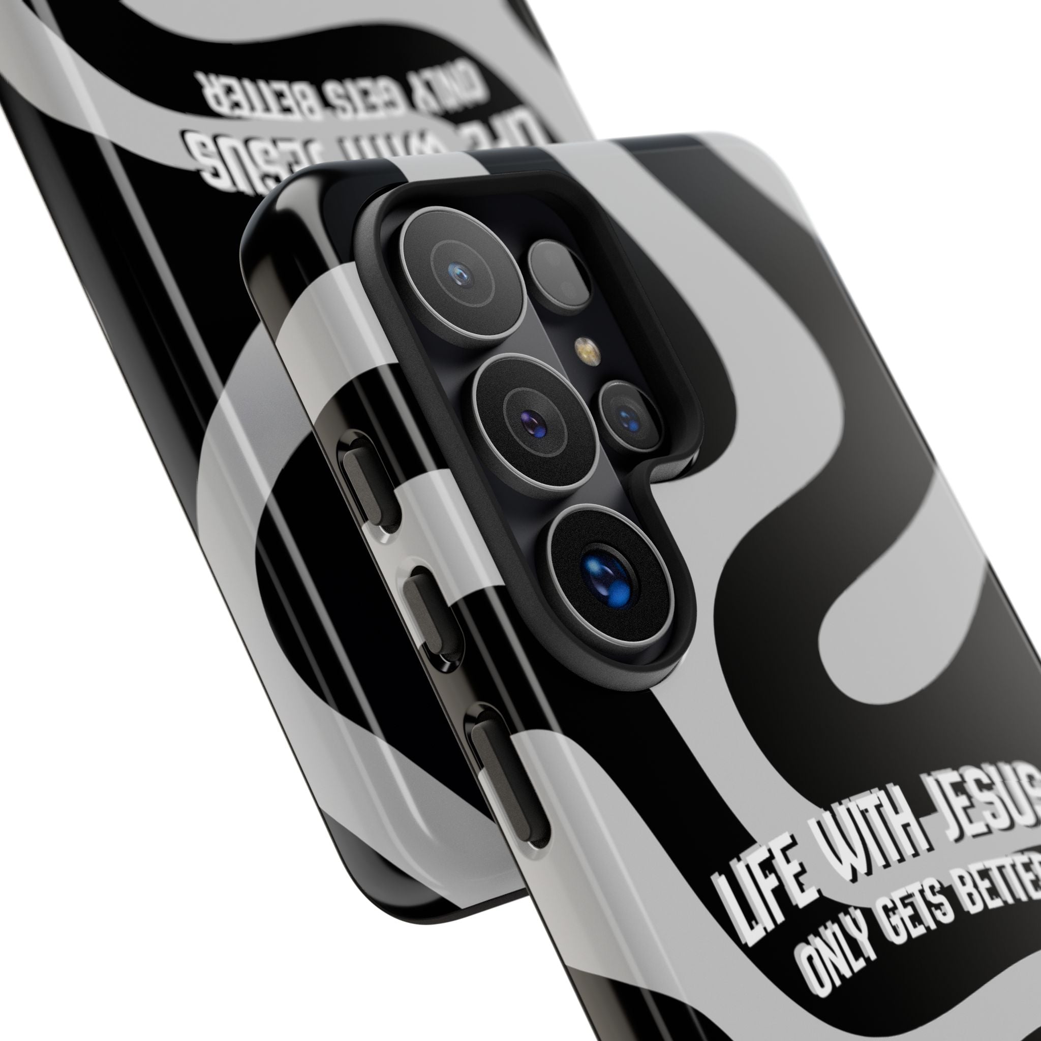 Christian iPhone Tough Case — "Life With Jesus Only Gets Better" Black & White Swirl Design