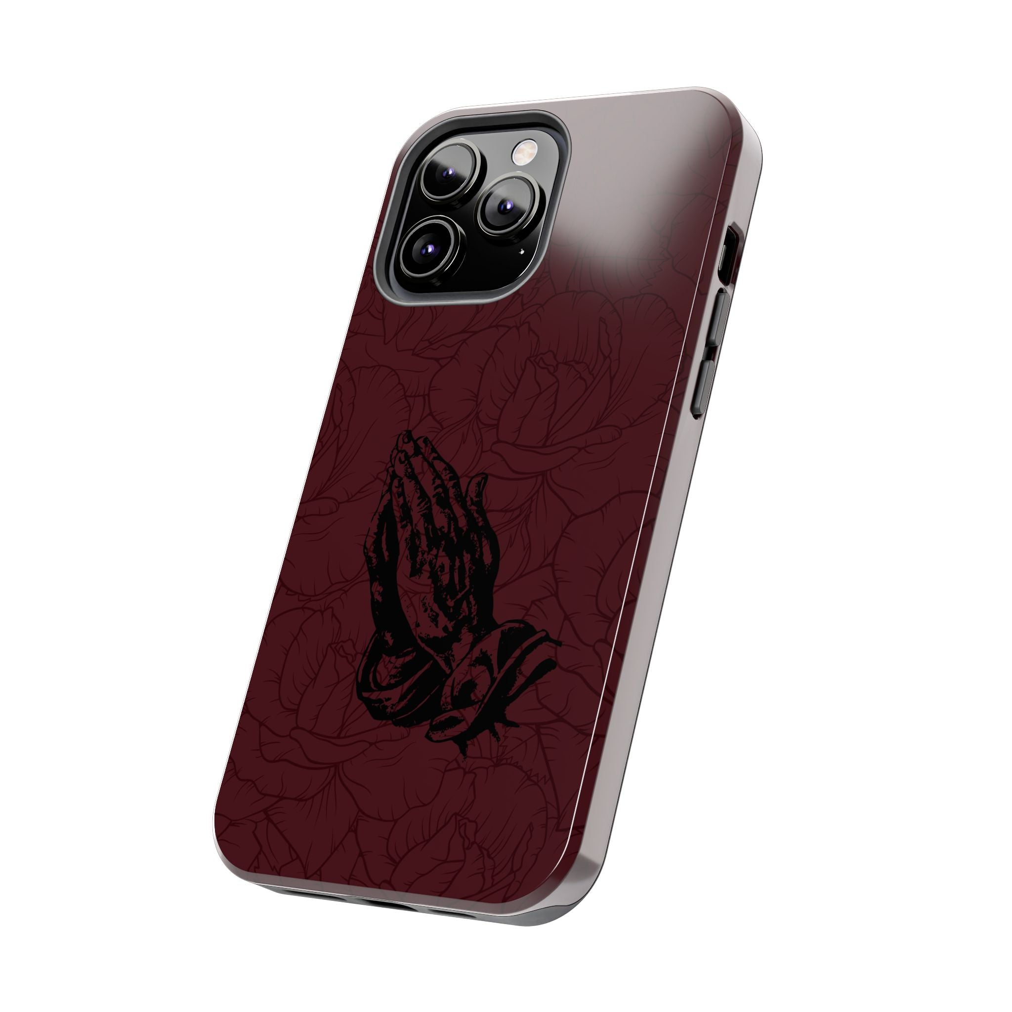 Burgundy Praying Hands Tough Phone Case – Floral Background, Religious Protective Cover