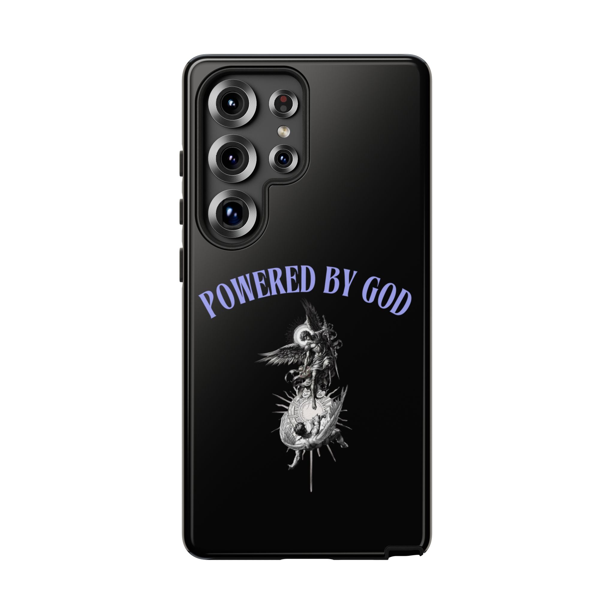 Phone Case — "Powered by God" Black Protective Case with Angelic Skull Design