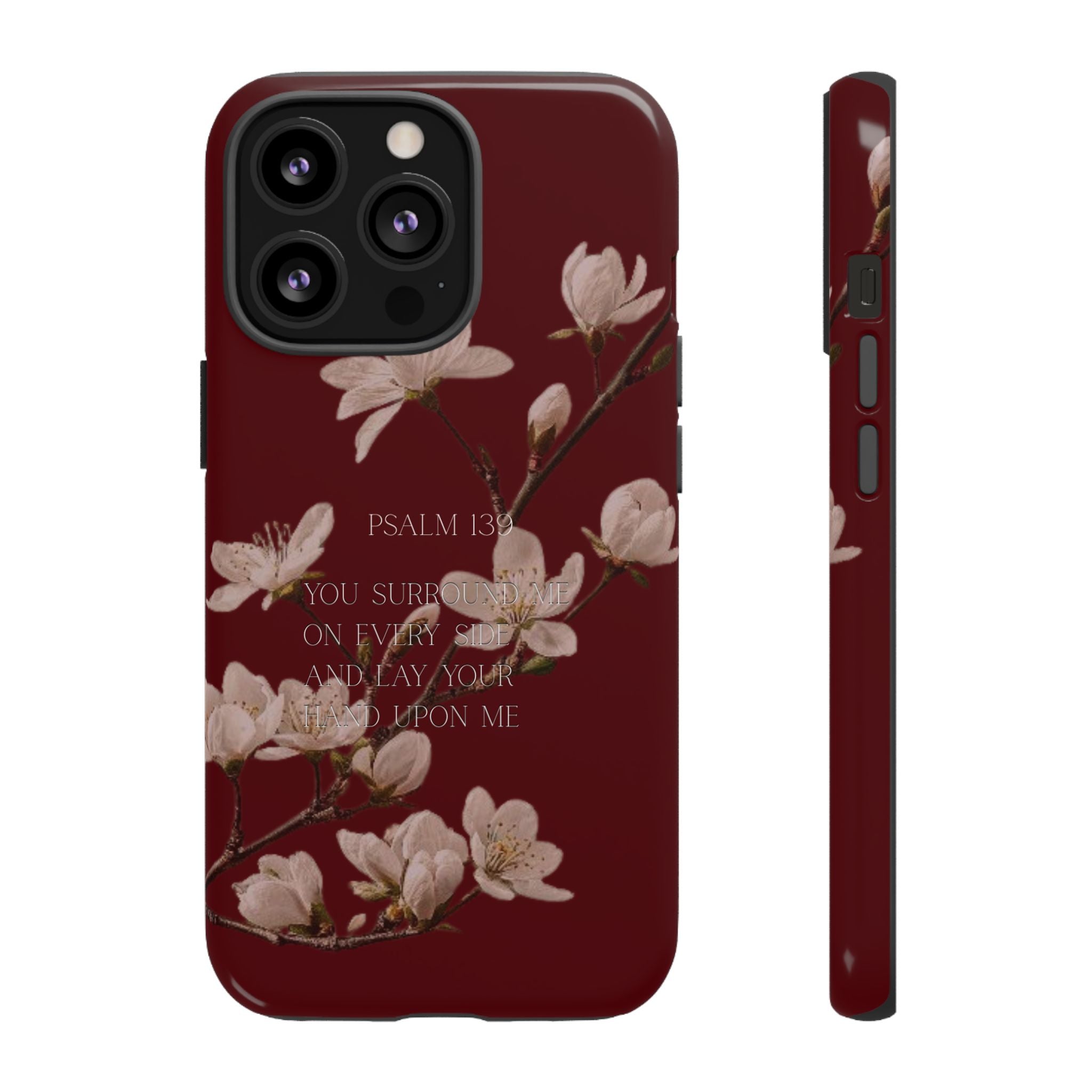 Floral Psalm Tough Phone Case — Burgundy Magnolia Branch with Psalm 139 Verse