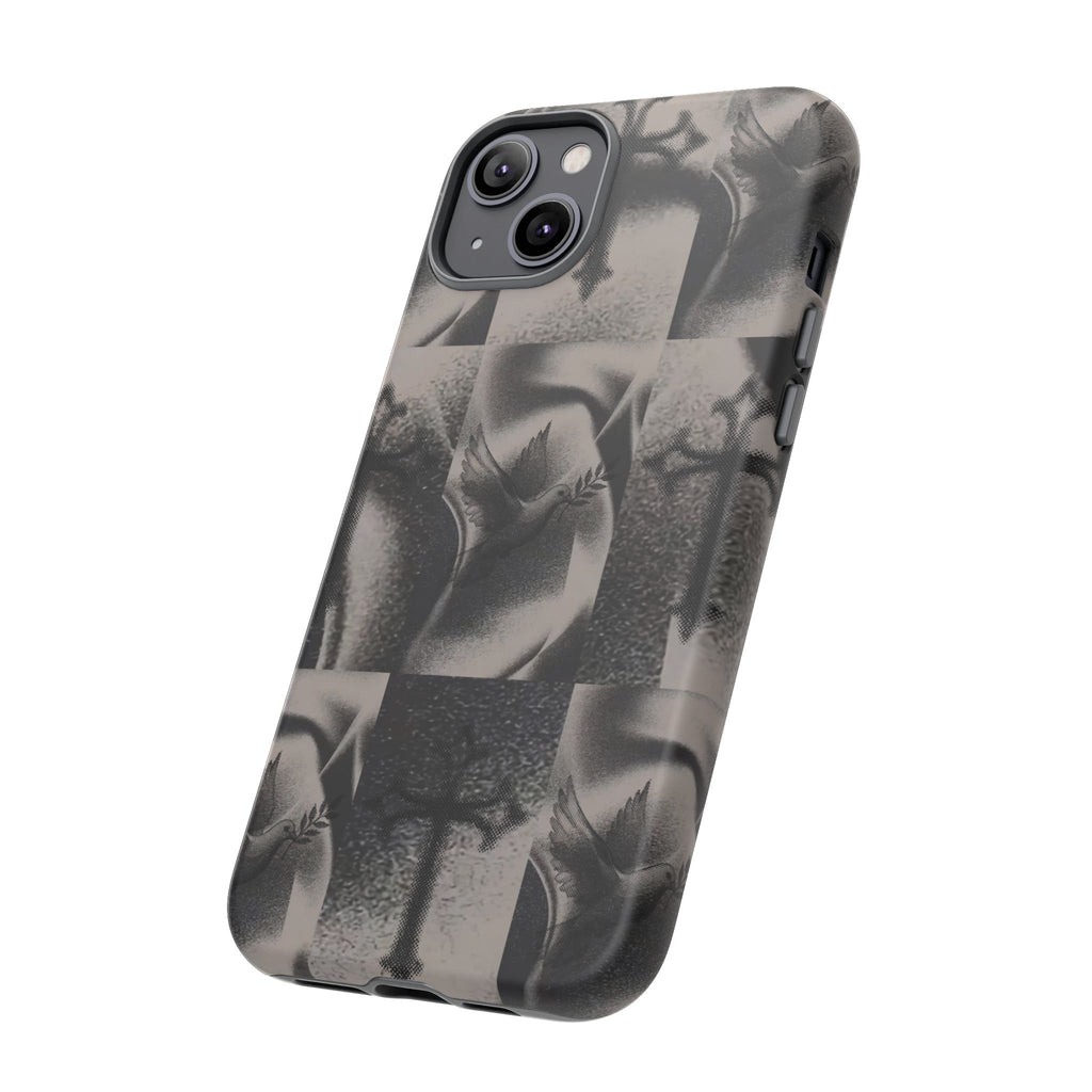 Gothic Cross & Dove Phone Case — Moody Checkerboard Protective Case