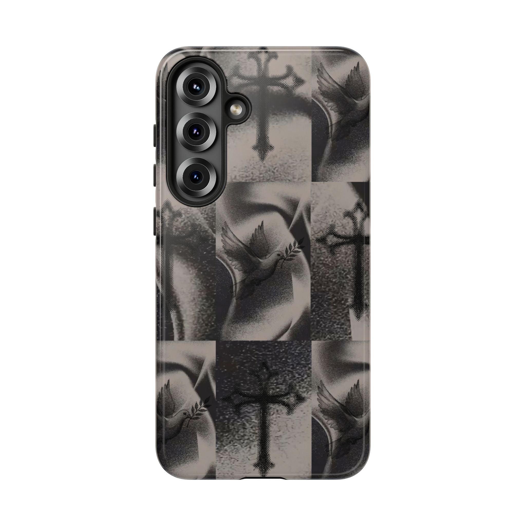 Gothic Cross & Dove Phone Case — Moody Checkerboard Protective Case