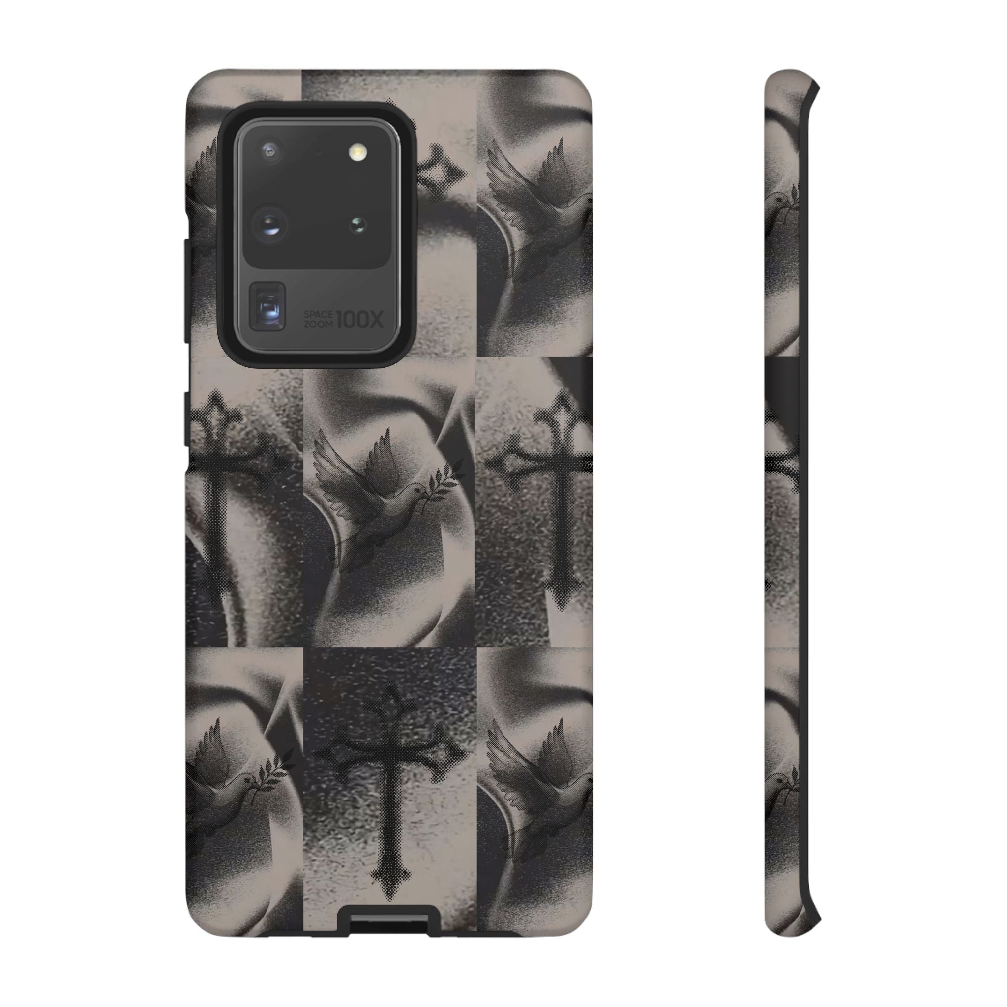 Gothic Cross & Dove Phone Case — Moody Checkerboard Protective Case